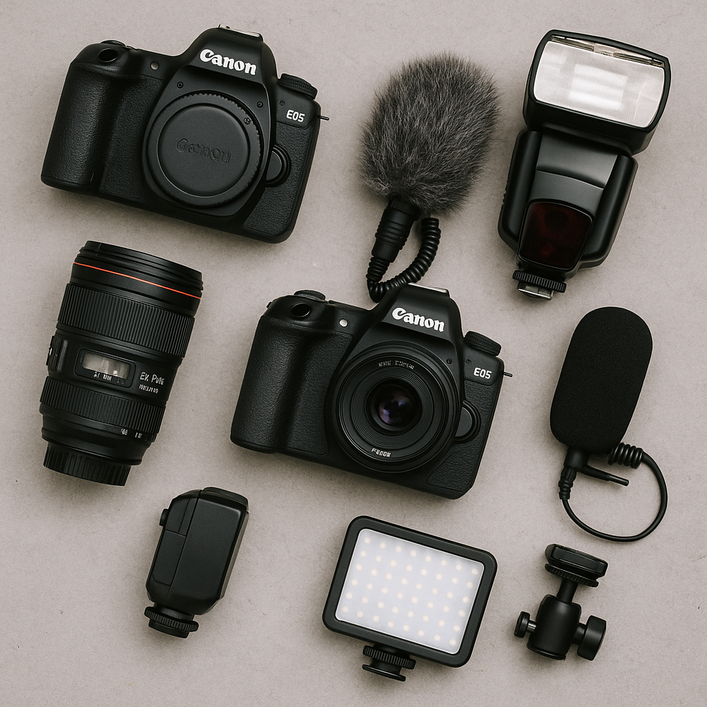 Professional camera equipment arranged in a row including DSLR bodies, lenses, flashes and accessories on white background.