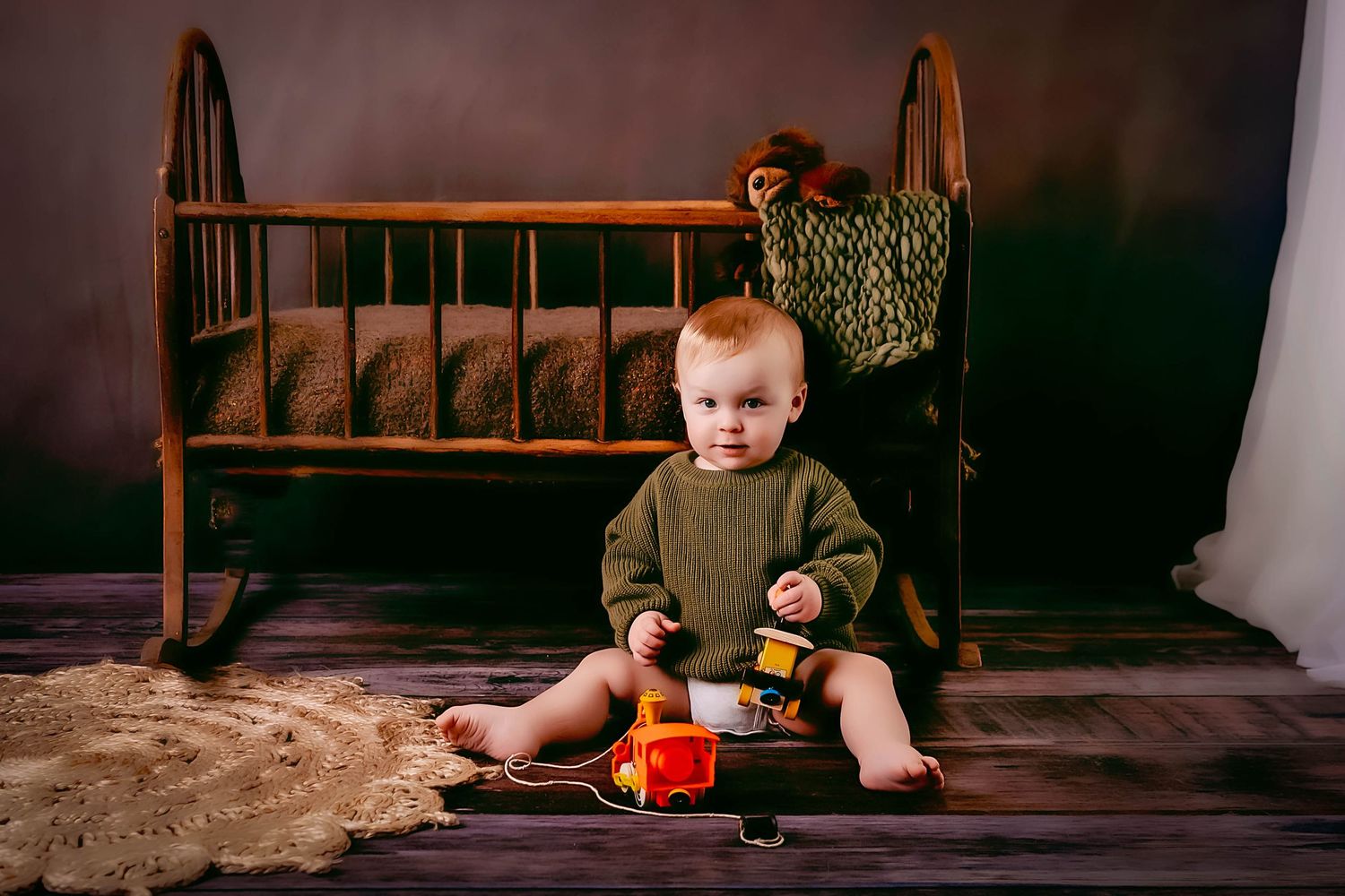 One Year Old Fine Art Children Studio Session wit Vintage Props in Kewaskum, WI studio