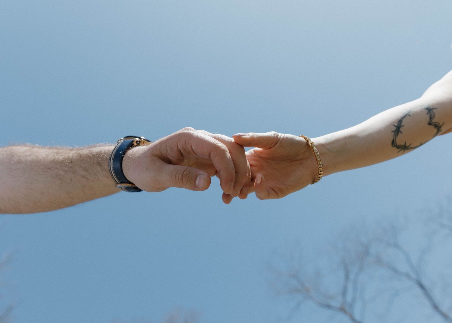 Two hands meeting in a fist bump gesture against a blue sky background with a blurred tree branch visible.