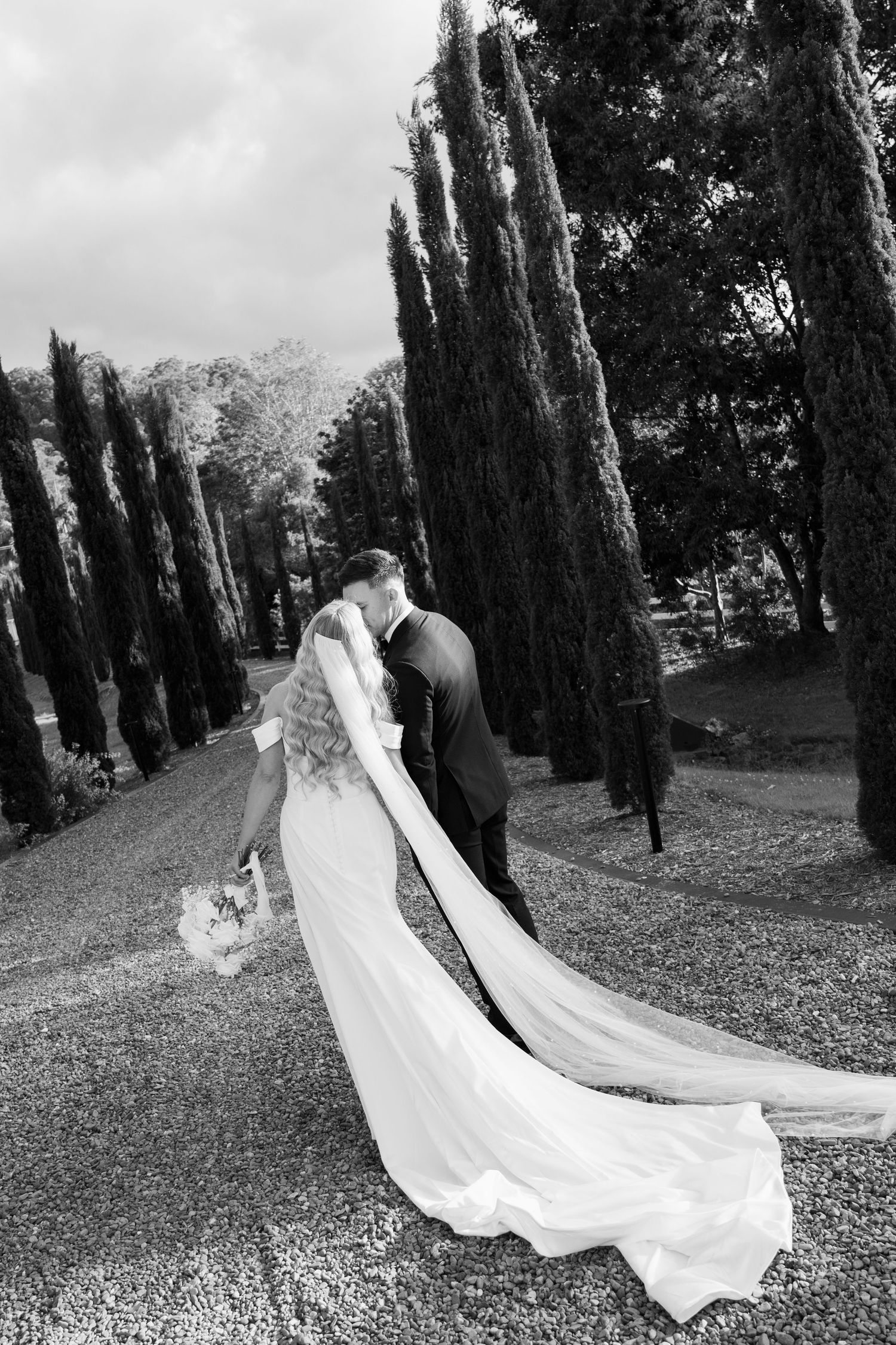 Black and white wedding portrait among cypress trees with flowing bridal veil.