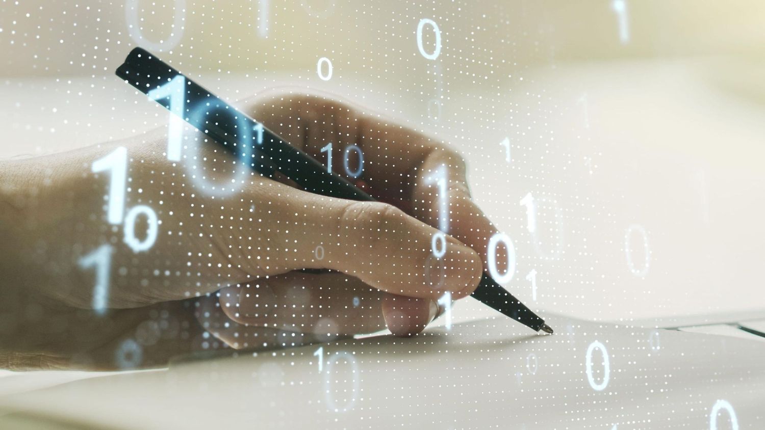 Binary code overlays on a blurred background creating a digital data visualization effect.