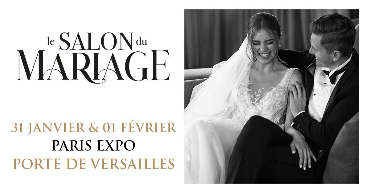 Bannière d'exposition du salon du mariage de Paris en noir et blanc montrant des couples à Paris Expo Porte de Versailles.