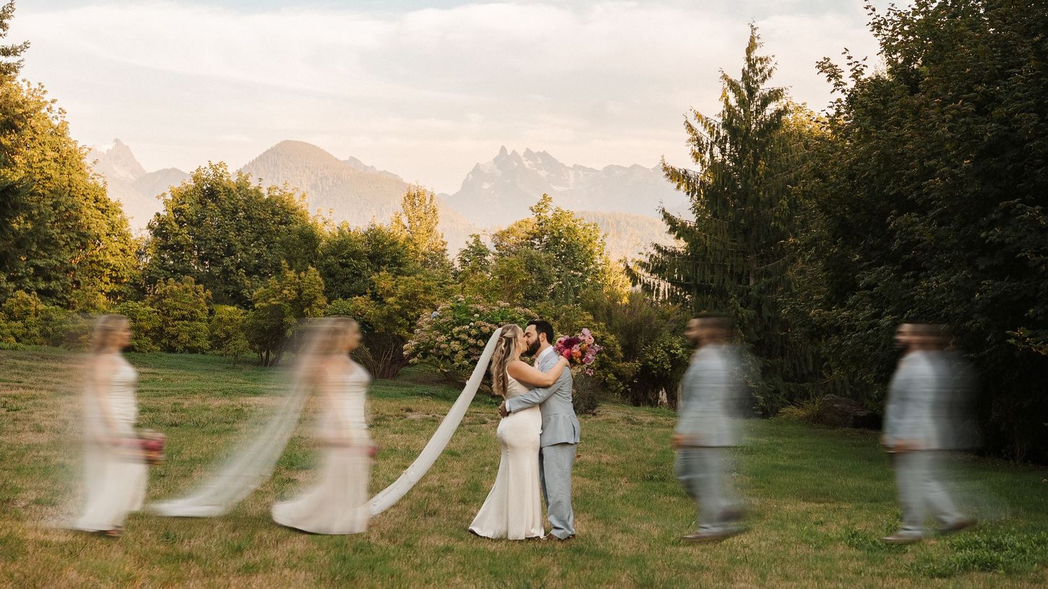 A panoramic sequence of a sunset wedding photography session in a lush garden with mountain views in the background.