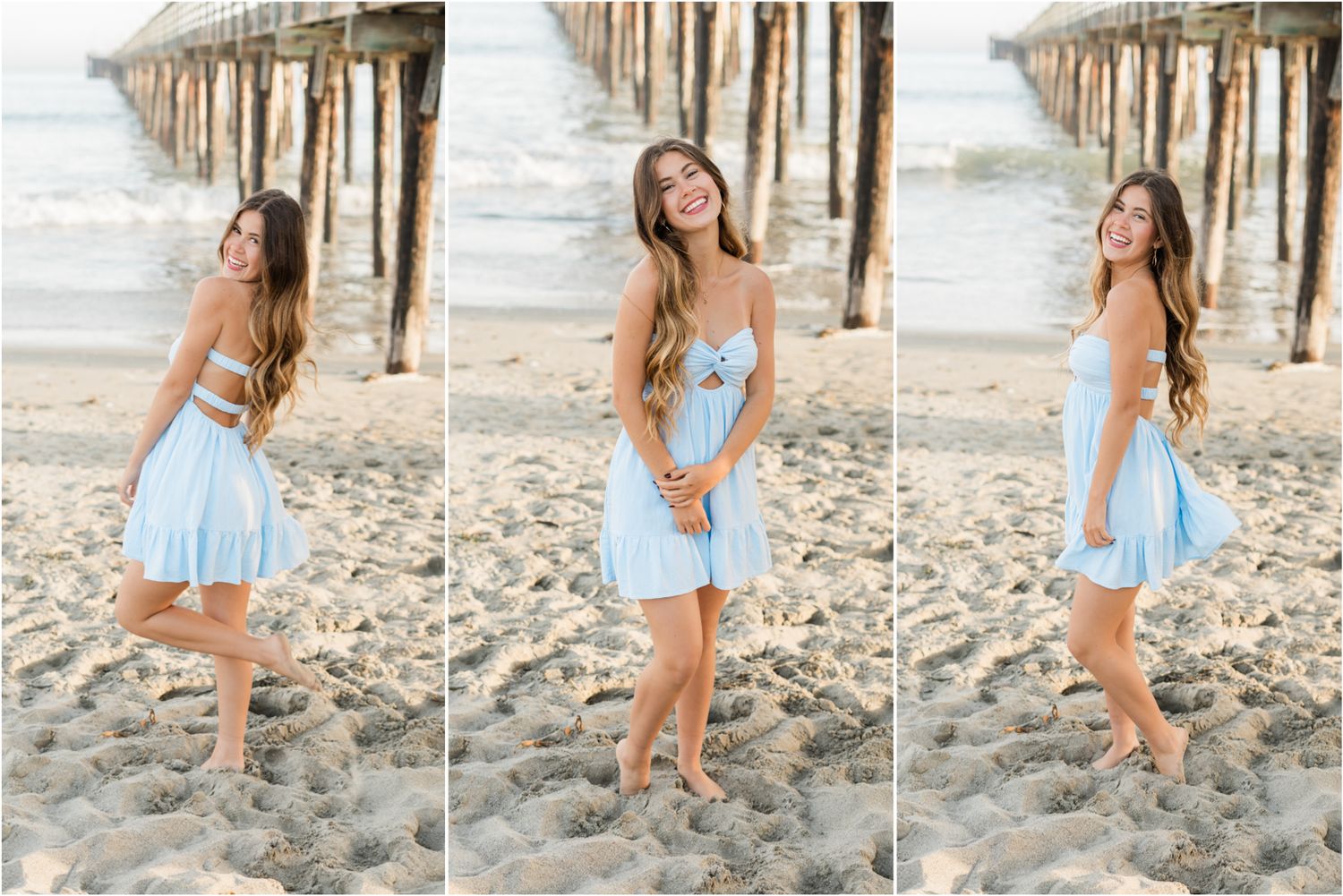 SLO high senior session at Avila Beach wearing la ight blue dress by the Avila pier barefoot on the sand