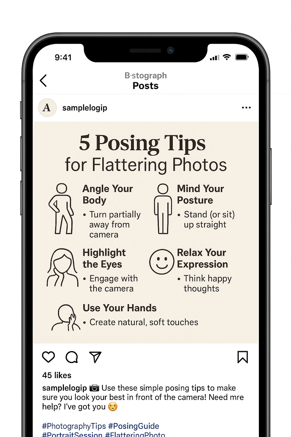A phone screen showing Instagram post with 5 posing tips for flattering photos, featuring simple stick figure illustrations.