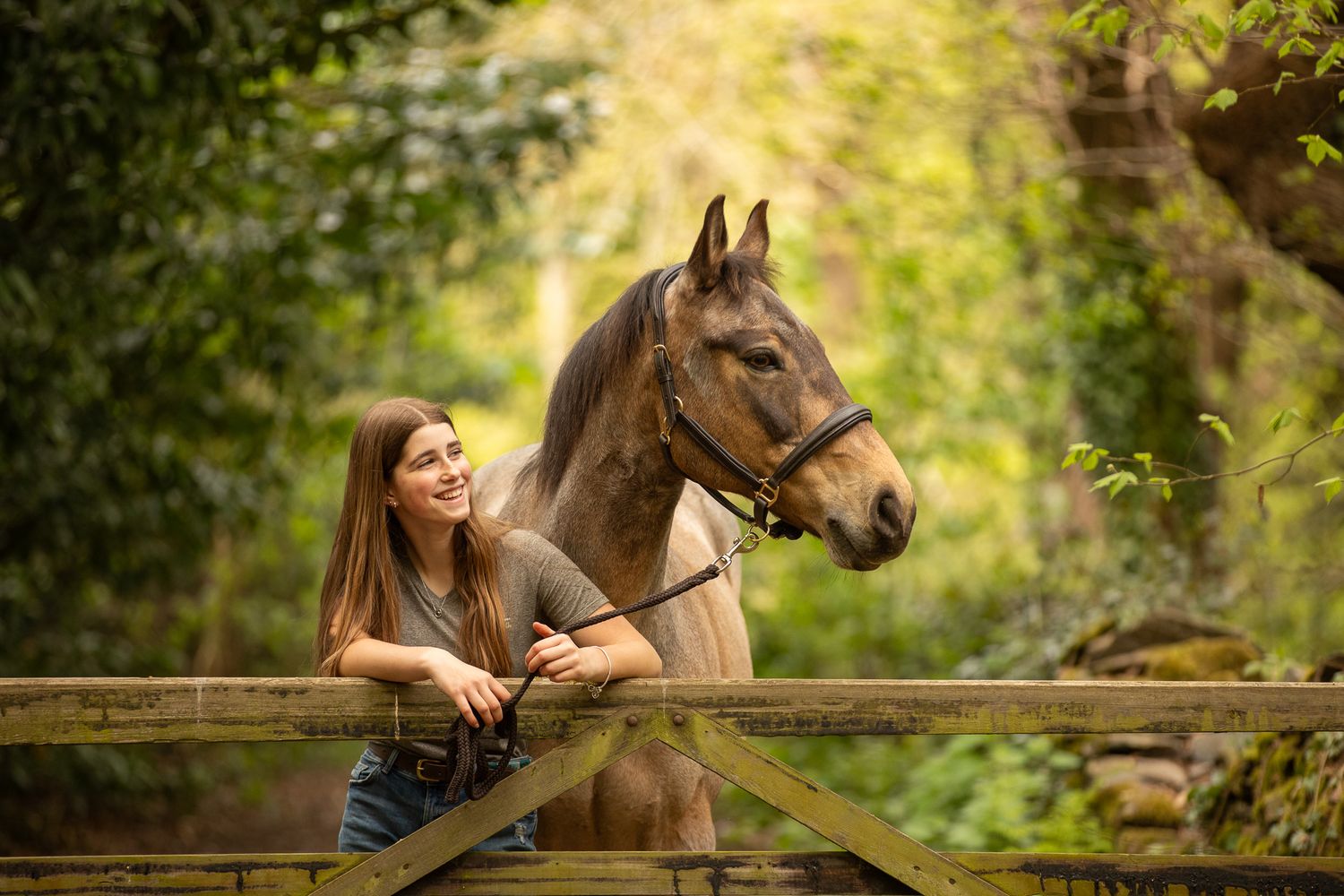 A person leads a palomino horse along a sunlit forest trail surrounded by tall evergreen trees.