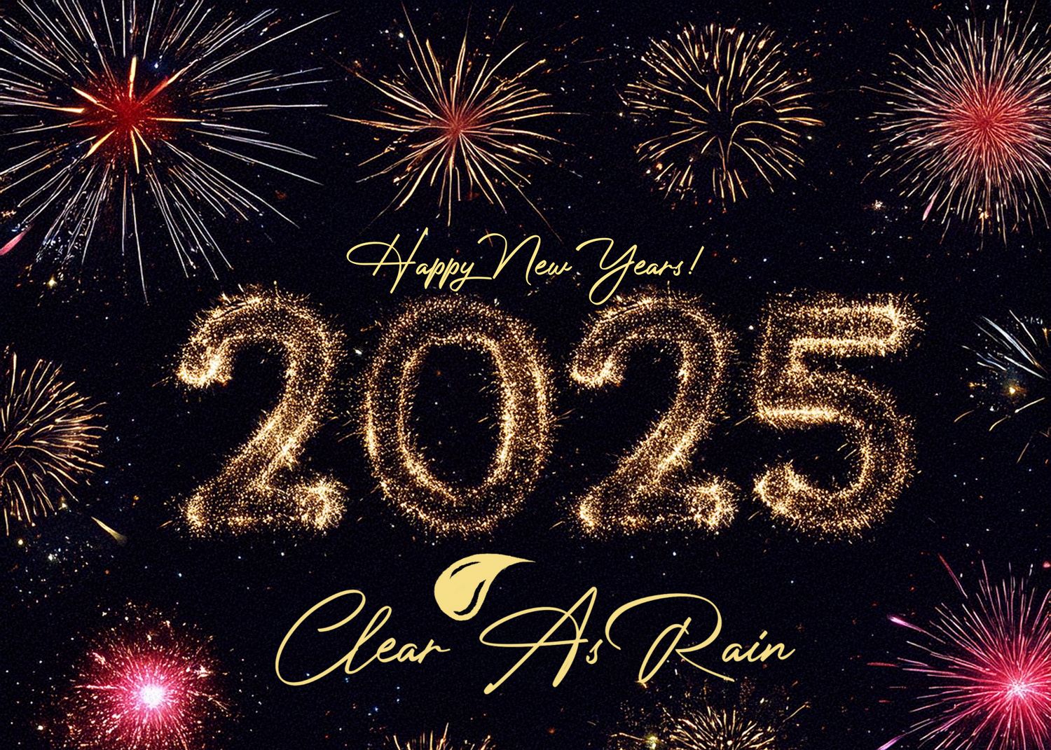 New Year 2025 celebration card with sparkling gold numbers and colorful firework display against dark sky.