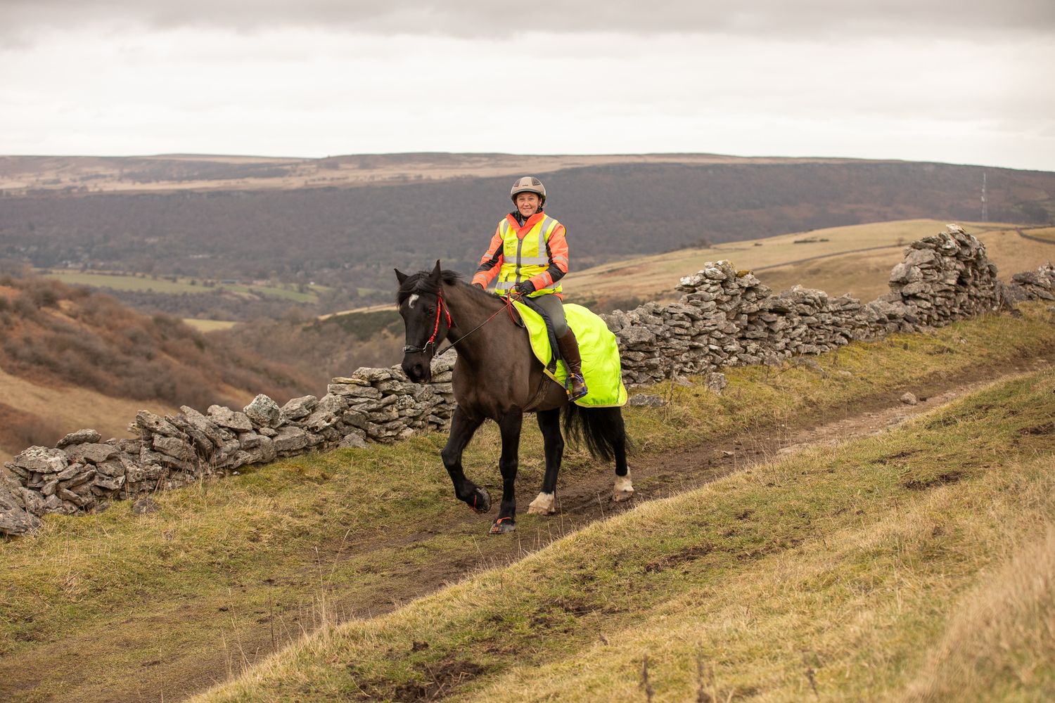 A rider in high-visibility gear guides a brown horse along a scenic hillside trail bordered by stone walls.