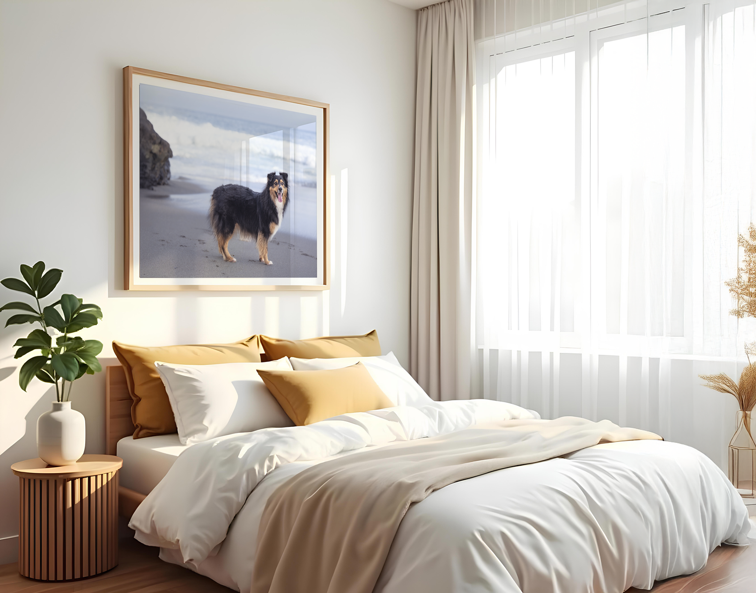 Framed wall art of a black and tan dog standing on a sandy beach at sunrise, displayed above a cozy bed in a sunlit, neutral-toned bedroom