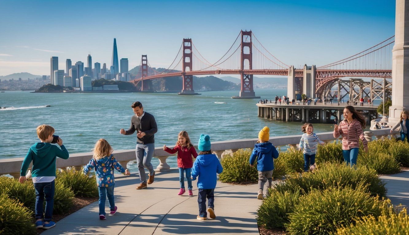 Tourists viewing the Golden Gate Bridge and San Francisco skyline from a scenic walkway in Sausalito.