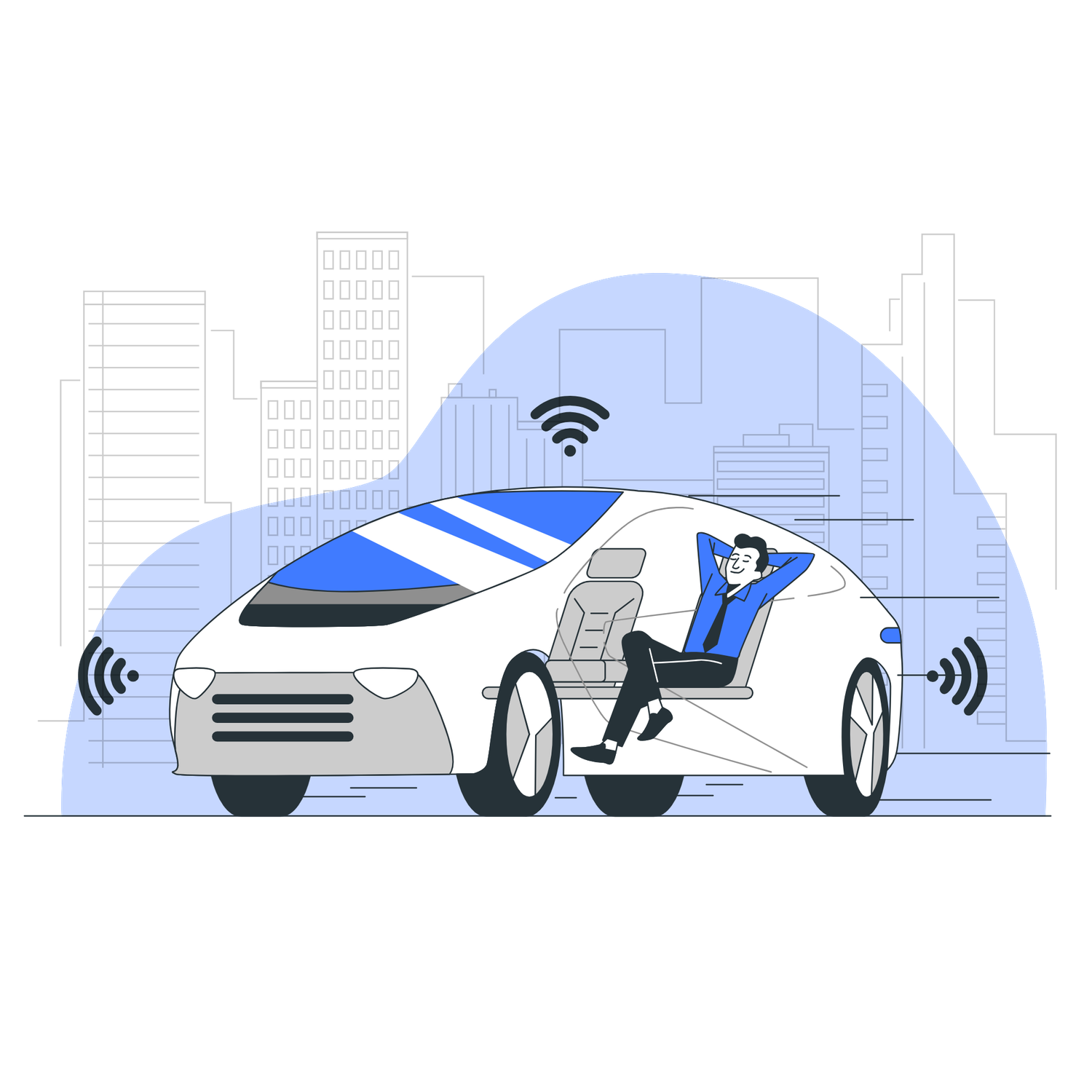 Person relaxing in a futuristic self-driving autonomous car with WiFi sensors in a smart city.