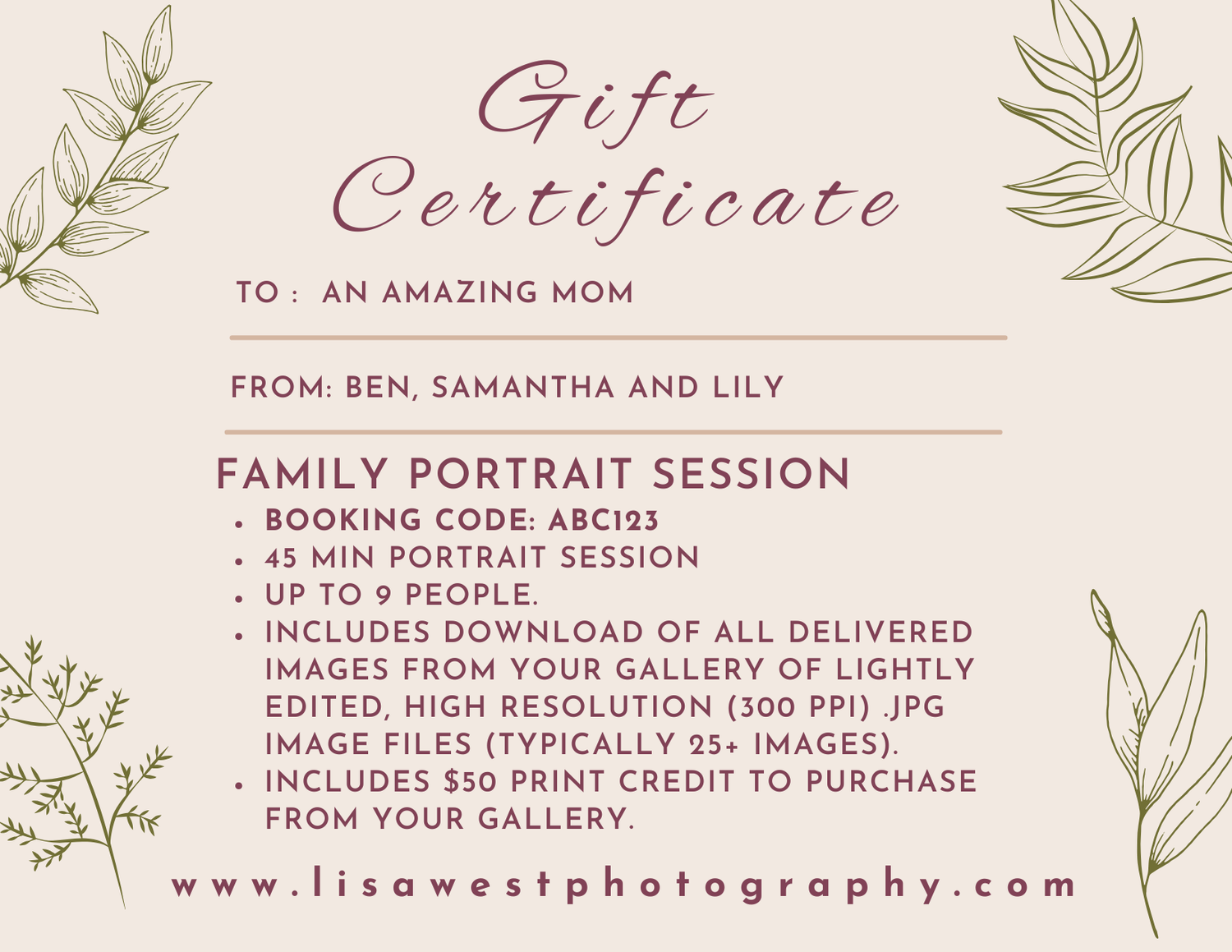 A gift certificate for a family portrait session from Lisa West Photography for her Mother's Day Gift ideas in Massachusetts.