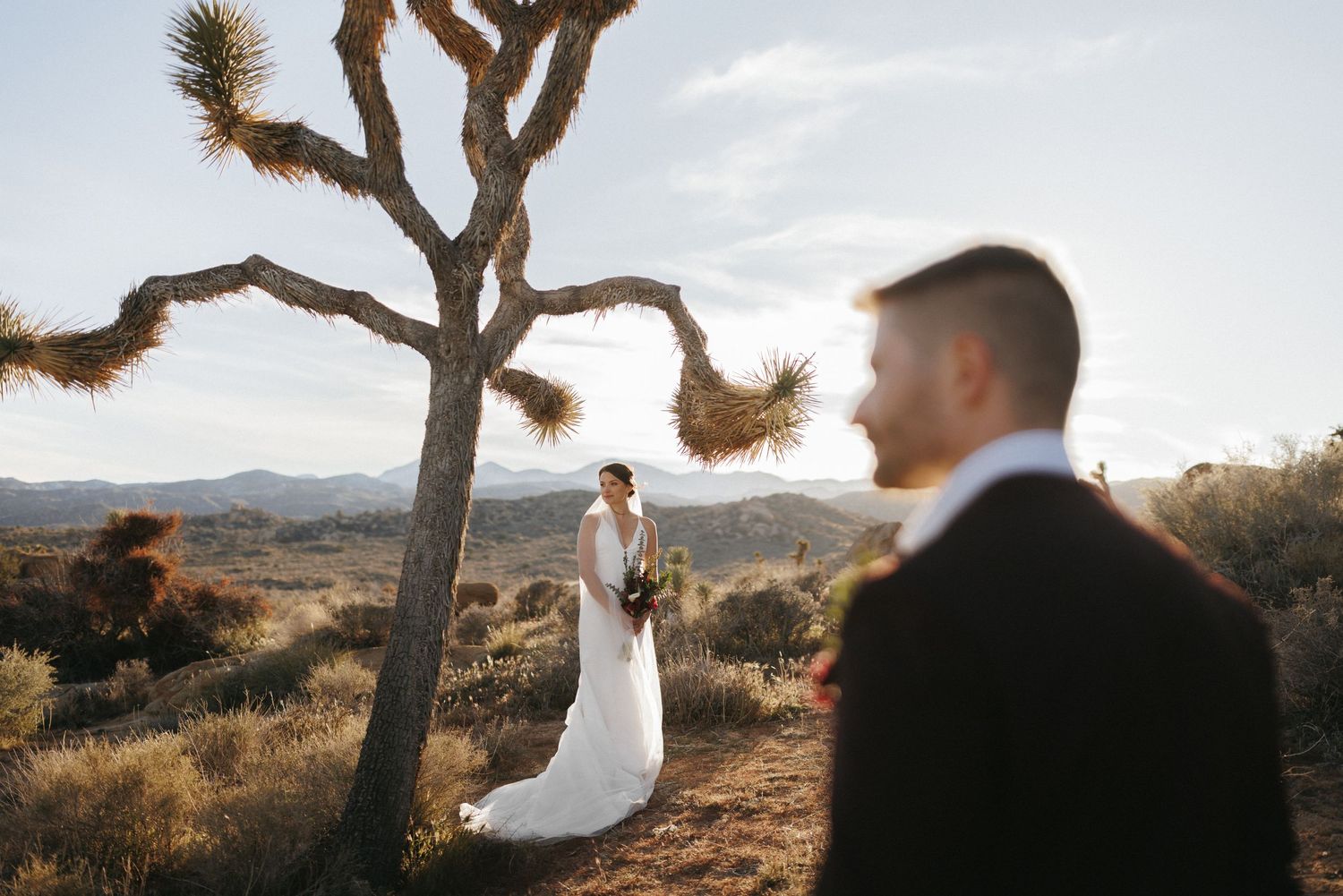 Couple exchanges vows with officiant in scenic desert landscape with mountains and blue sky backdrop.