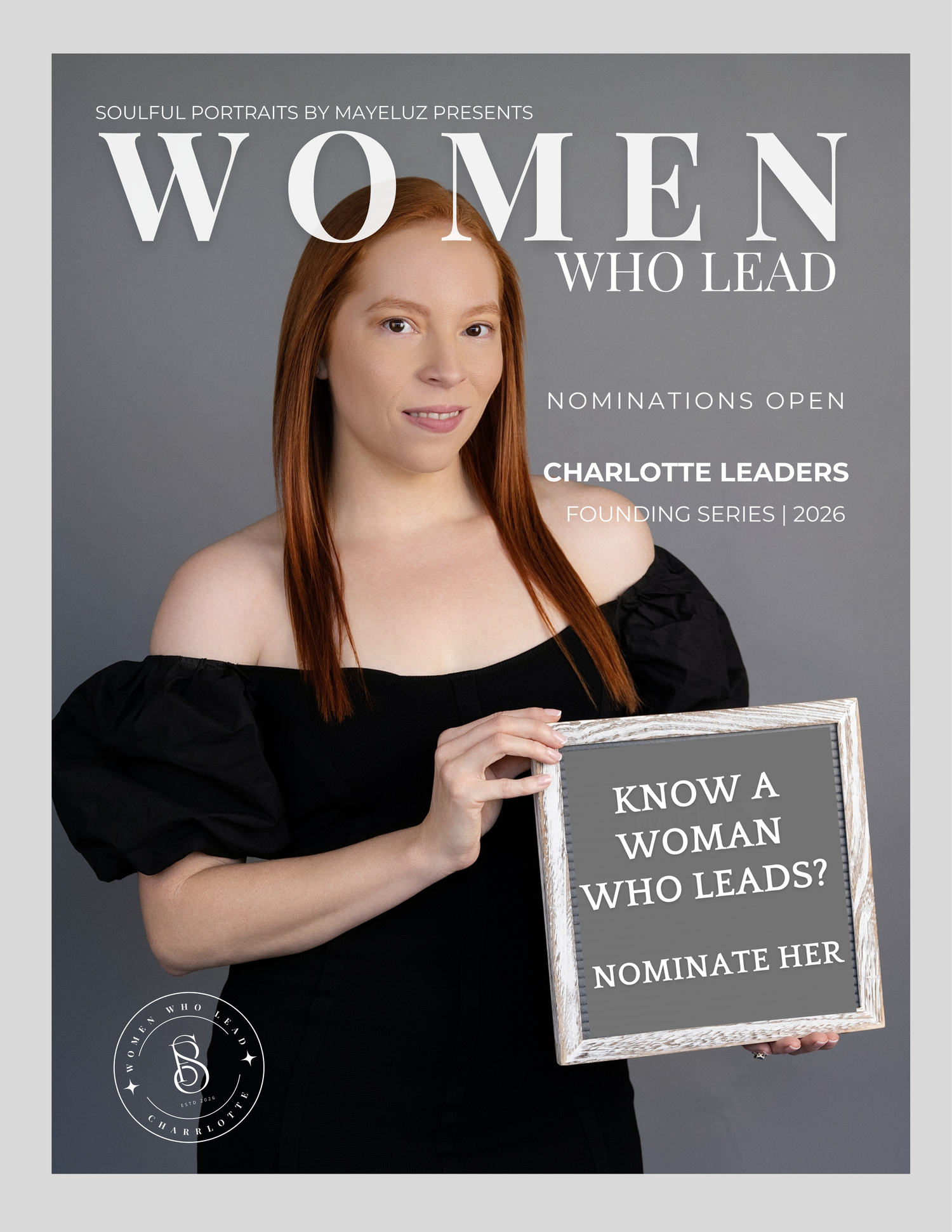Professional marketing banner for Women Who Lead program featuring elegant black and white design with nomination details.