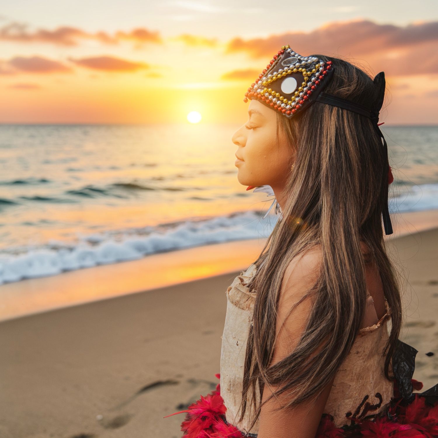 A young woman in traditional attire and beaded crown sits peacefully on a beach at golden sunset.