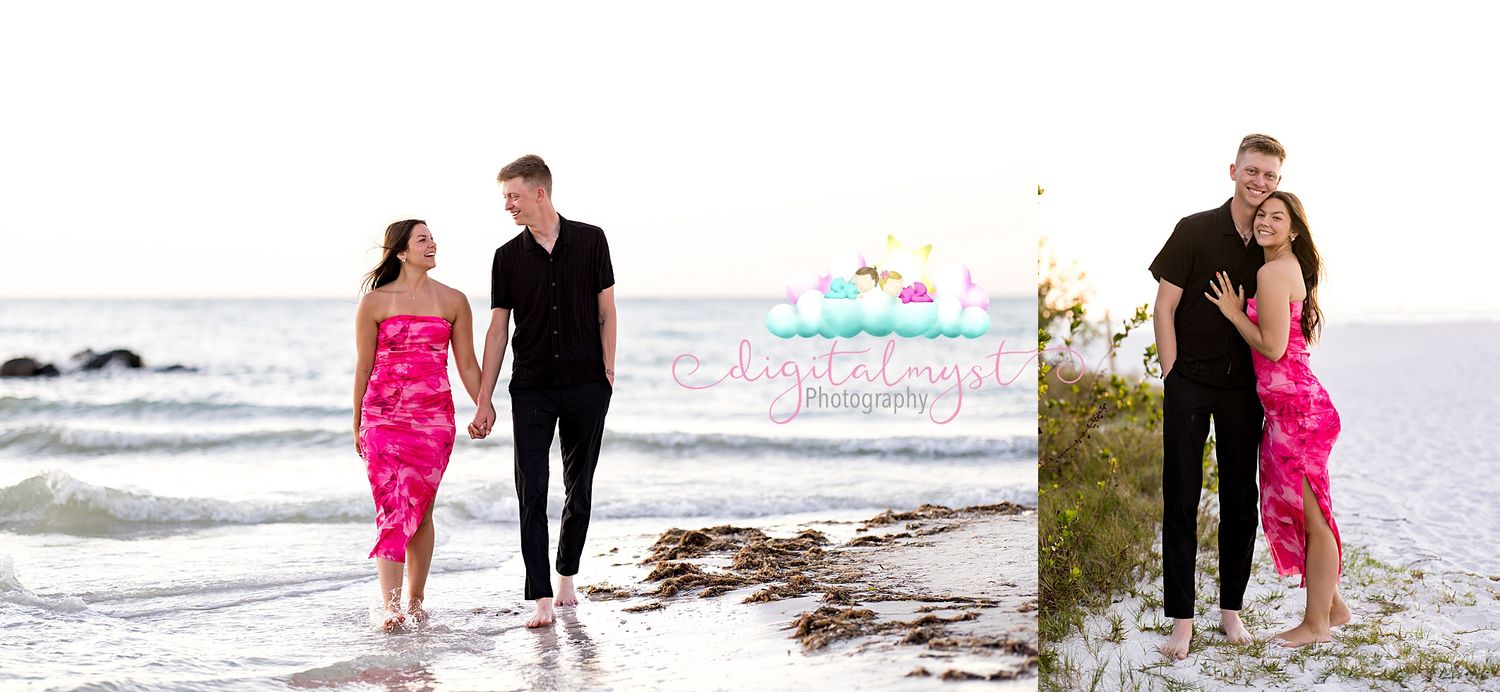 Couple in black and pink outfits posing romantically on a beach at sunset with gentle waves.