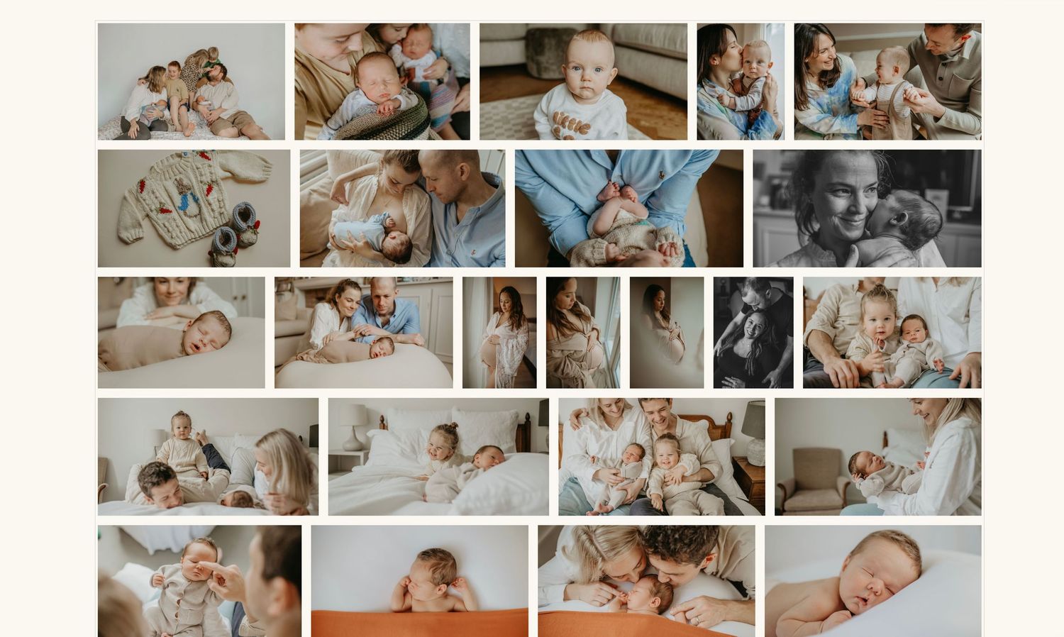 A collection of intimate lifestyle photos showing tender family moments in soft neutral tones and natural lighting.