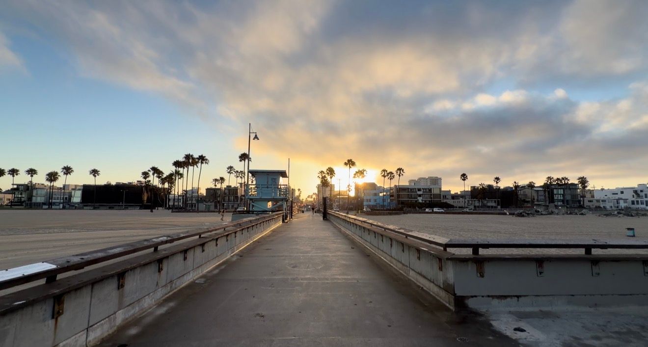 Sunset view down Venice Beach pier with palm trees, sandy beach, and dramatic cloudy sky in Los Angeles, California.