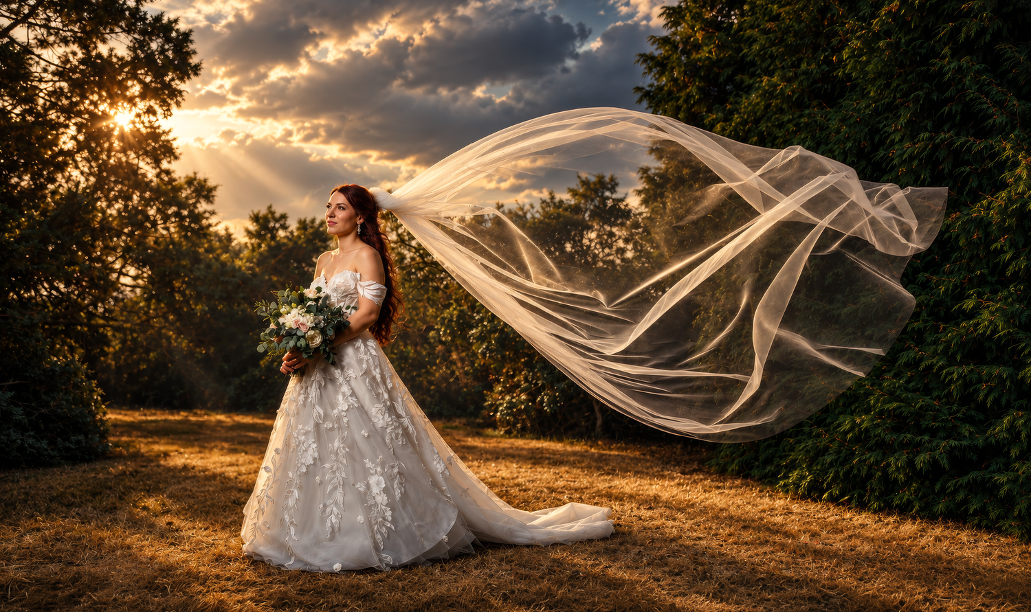 Bride in lace gown with flowing veil billowing in golden sunset light amid lush green trees holding bouquet.
