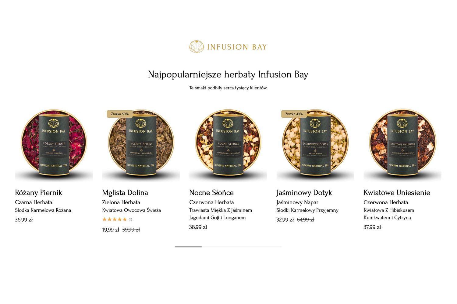 Colorful display of Infusion Bay's most popular herbal teas in decorative round tins on a white background.