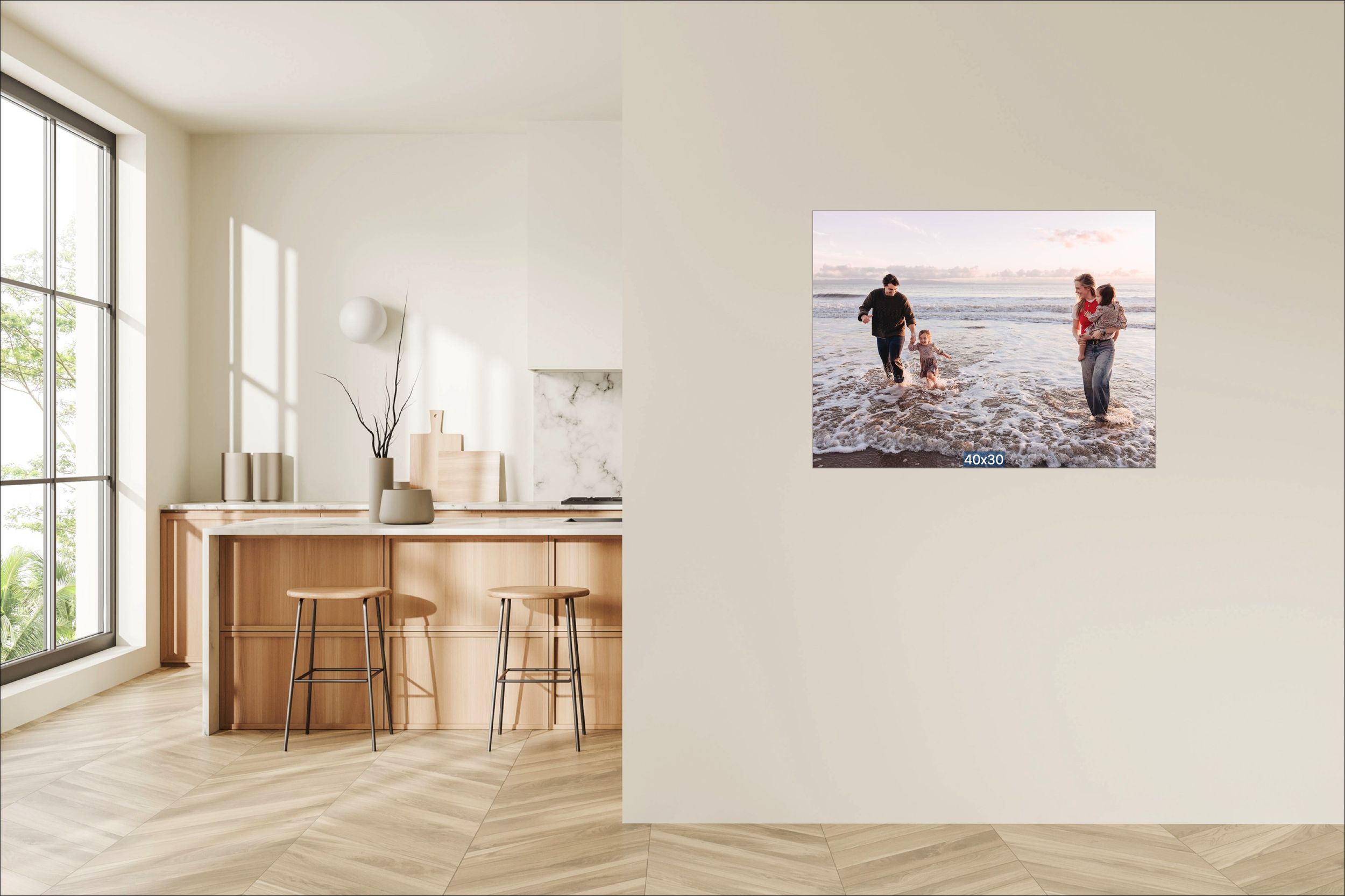 Six framed family photos displayed in a grid arrangement on a white wall above a wooden sideboard in a modern living room.