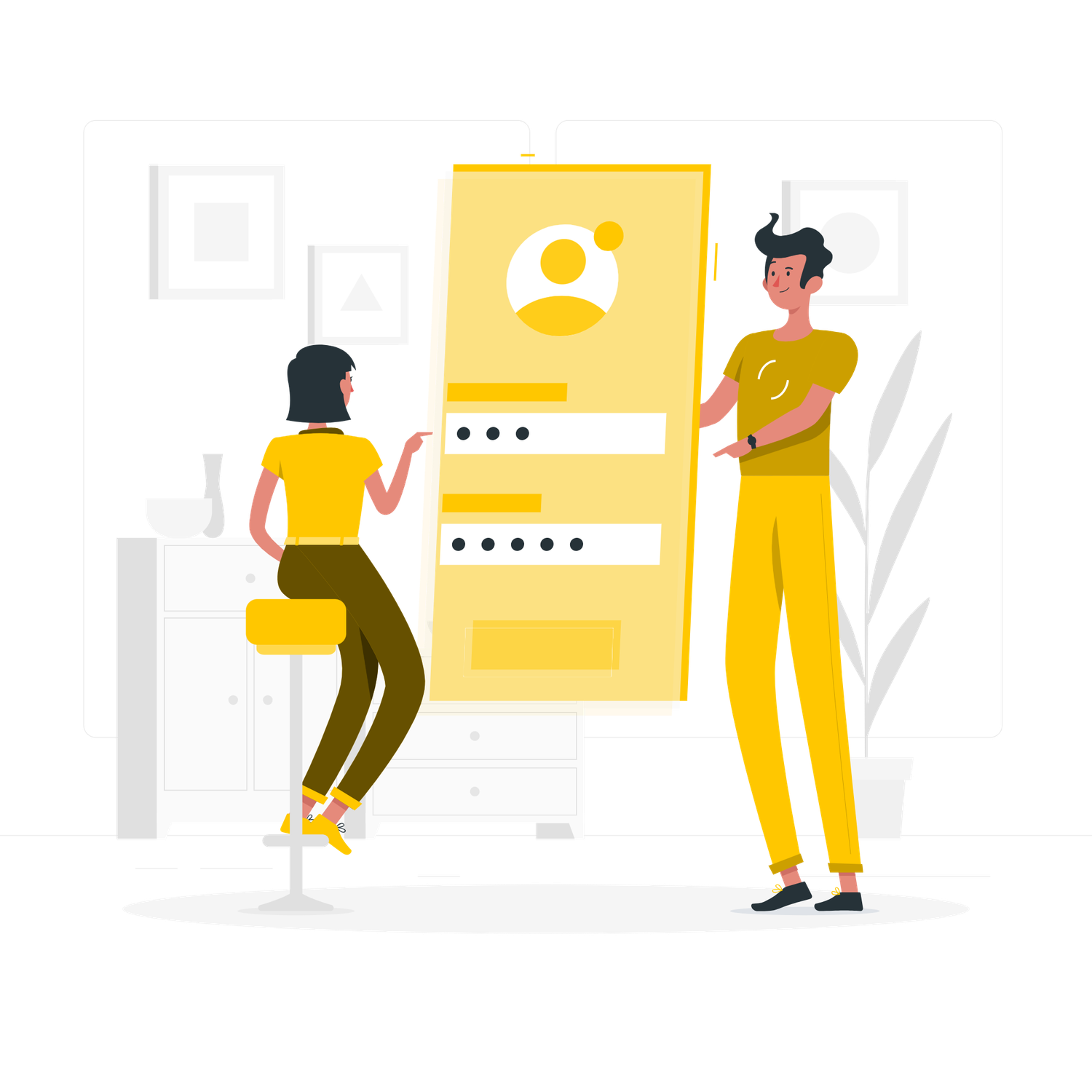 Two people interacting with a large mobile login screen UI, illustrated in a modern flat design style with yellow tones.
