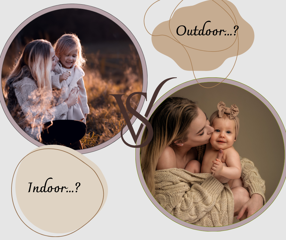 A series of warm-toned family portrait photographs arranged in circular frames showing outdoor and indoor scenes.