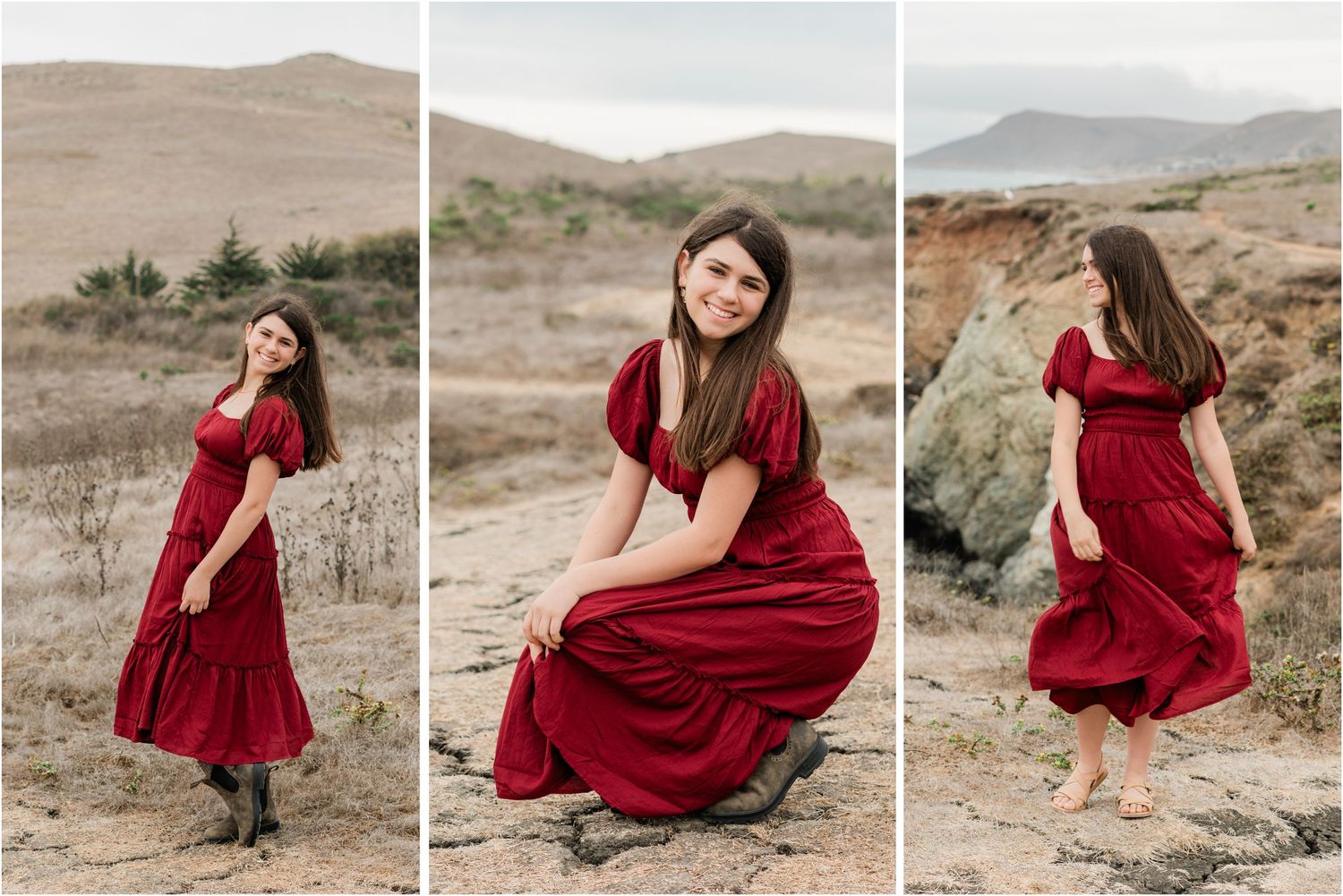 San Luis Obispo High School senior photos in Morro Bay Cayucos Estero bluffs in burgandy maroon red dress