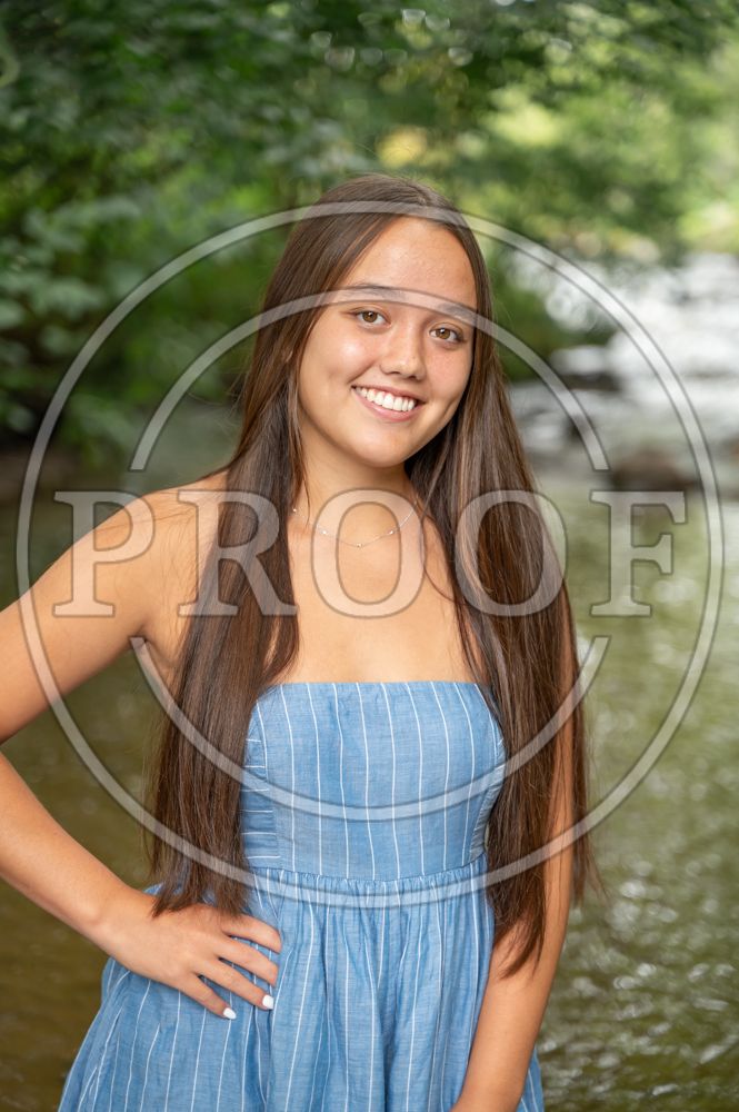 A portrait of someone in a blue striped sundress posing outdoors with sunlit foliage in the background.