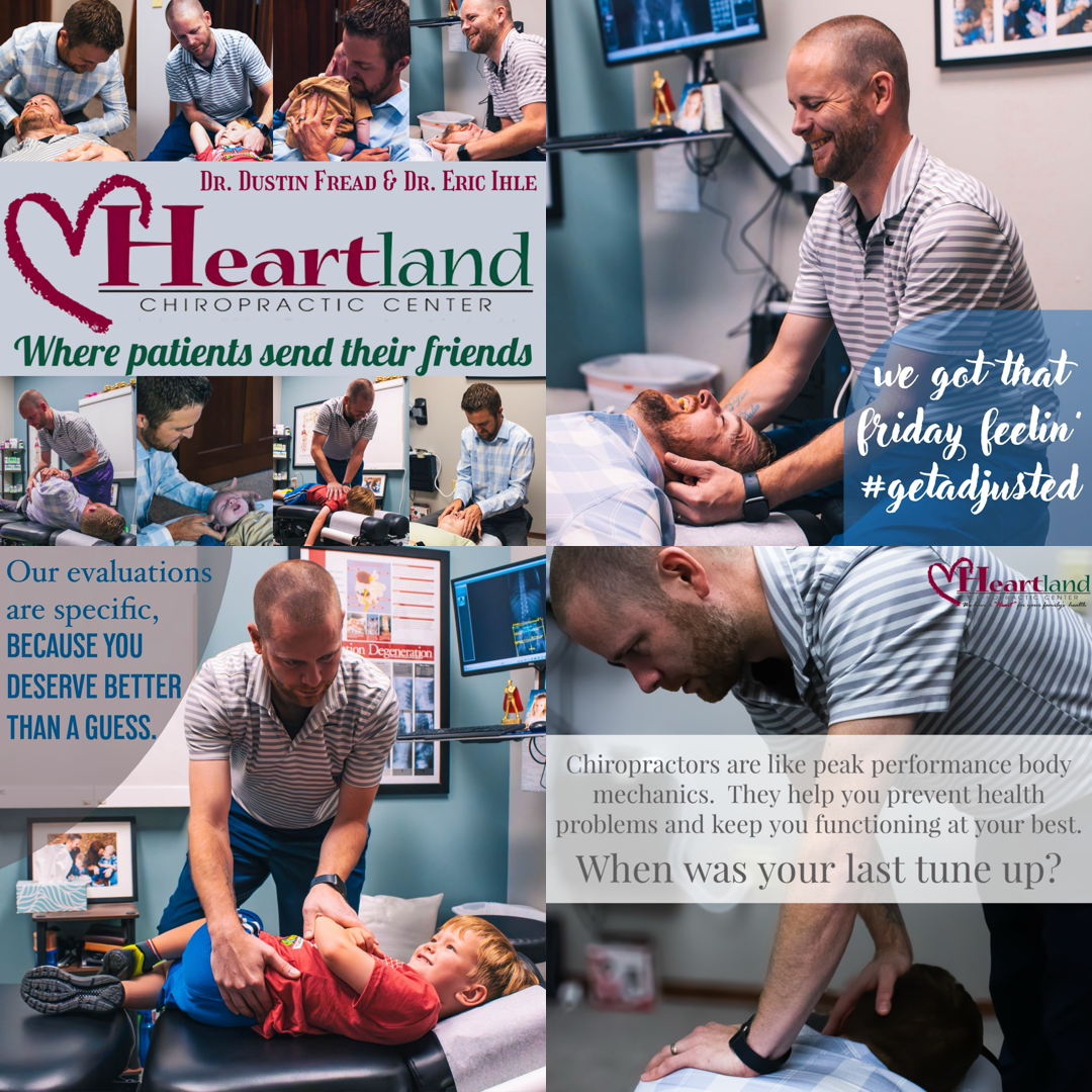 Collage showing chiropractic treatment sessions at Heartland clinic with various adjustments and techniques.