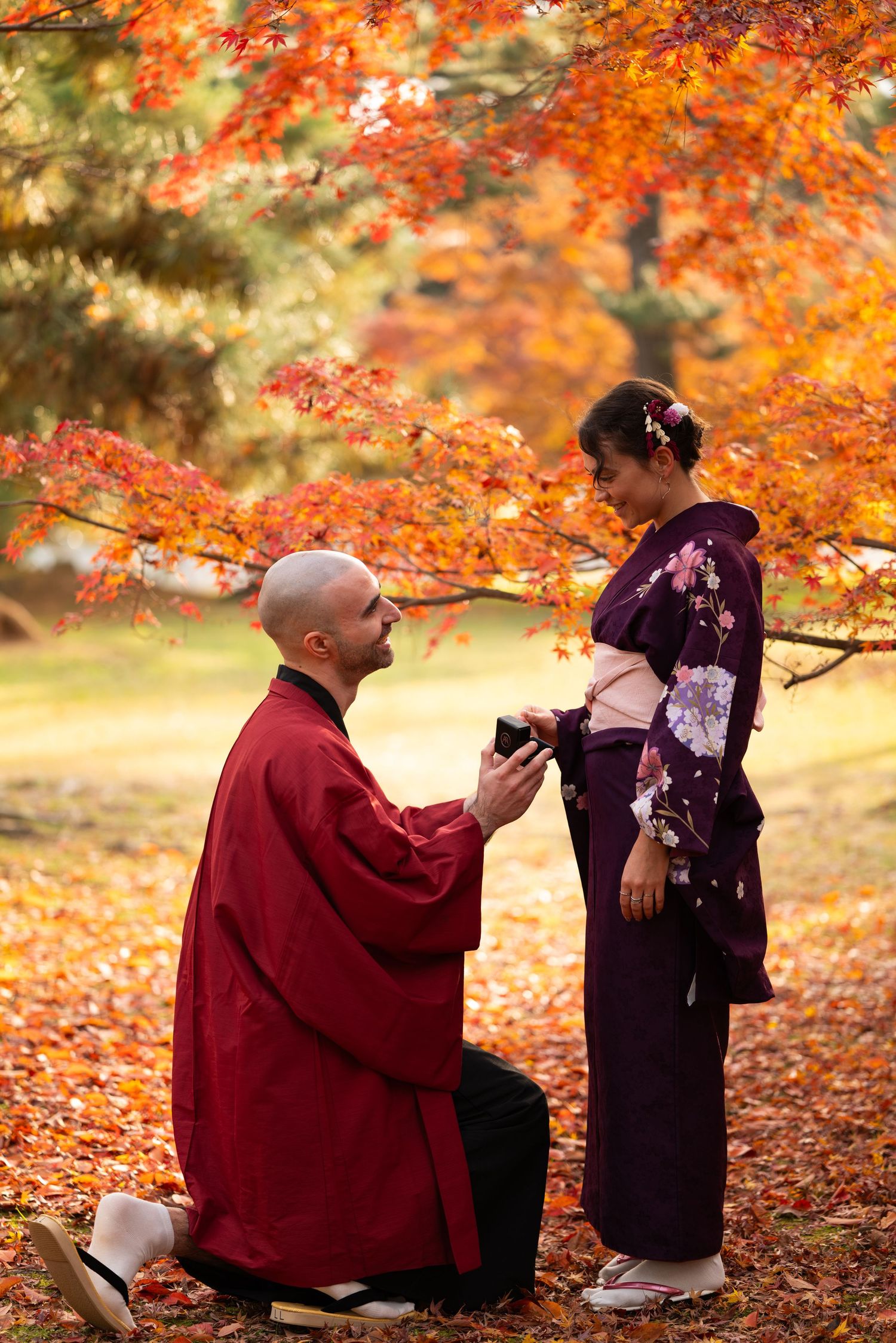 Man in red kimono proposing on one knee to woman in purple floral kimono under autumn maple trees.