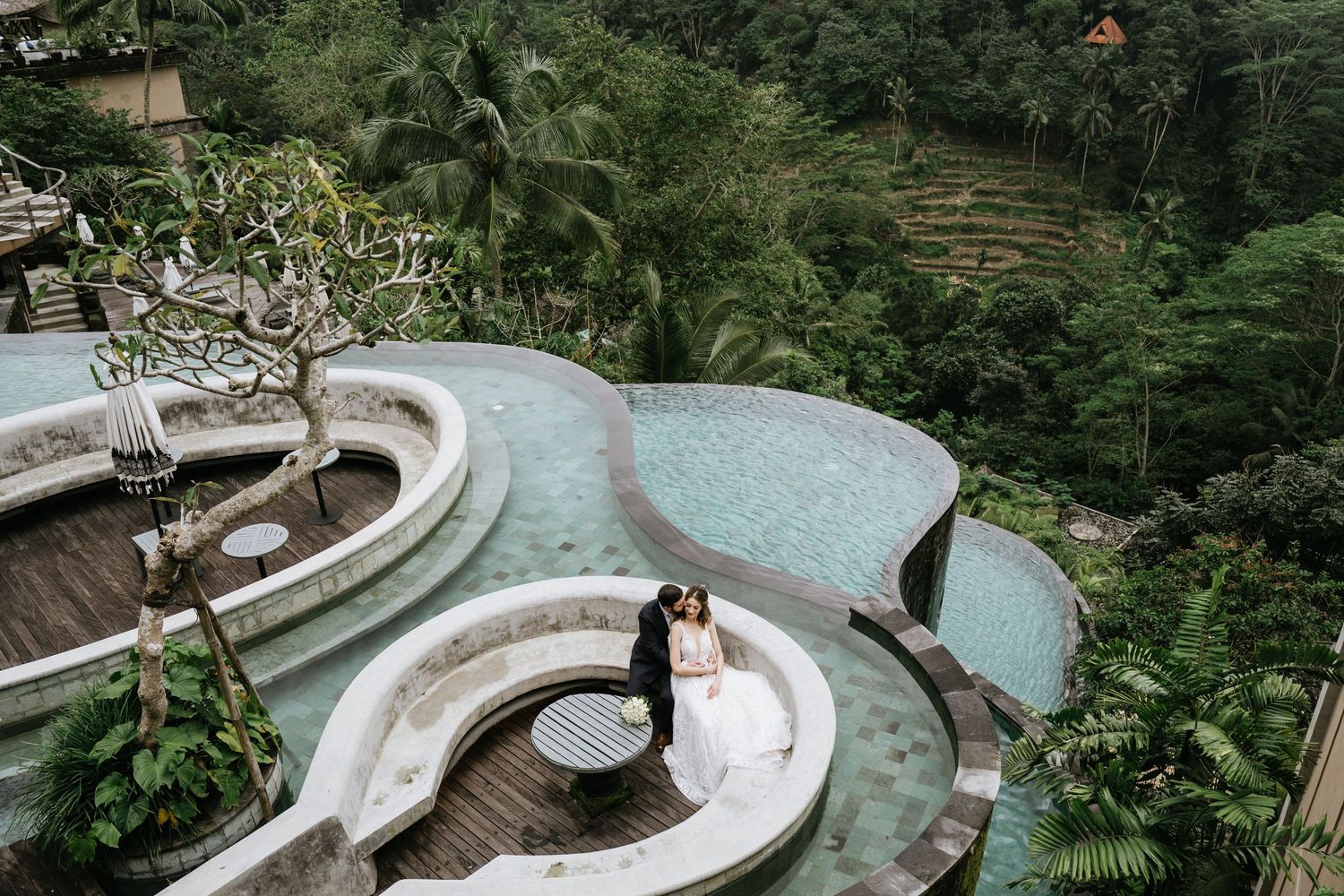 Curved white architectural structure surrounded by lush tropical greenery creates a dramatic outdoor setting.
