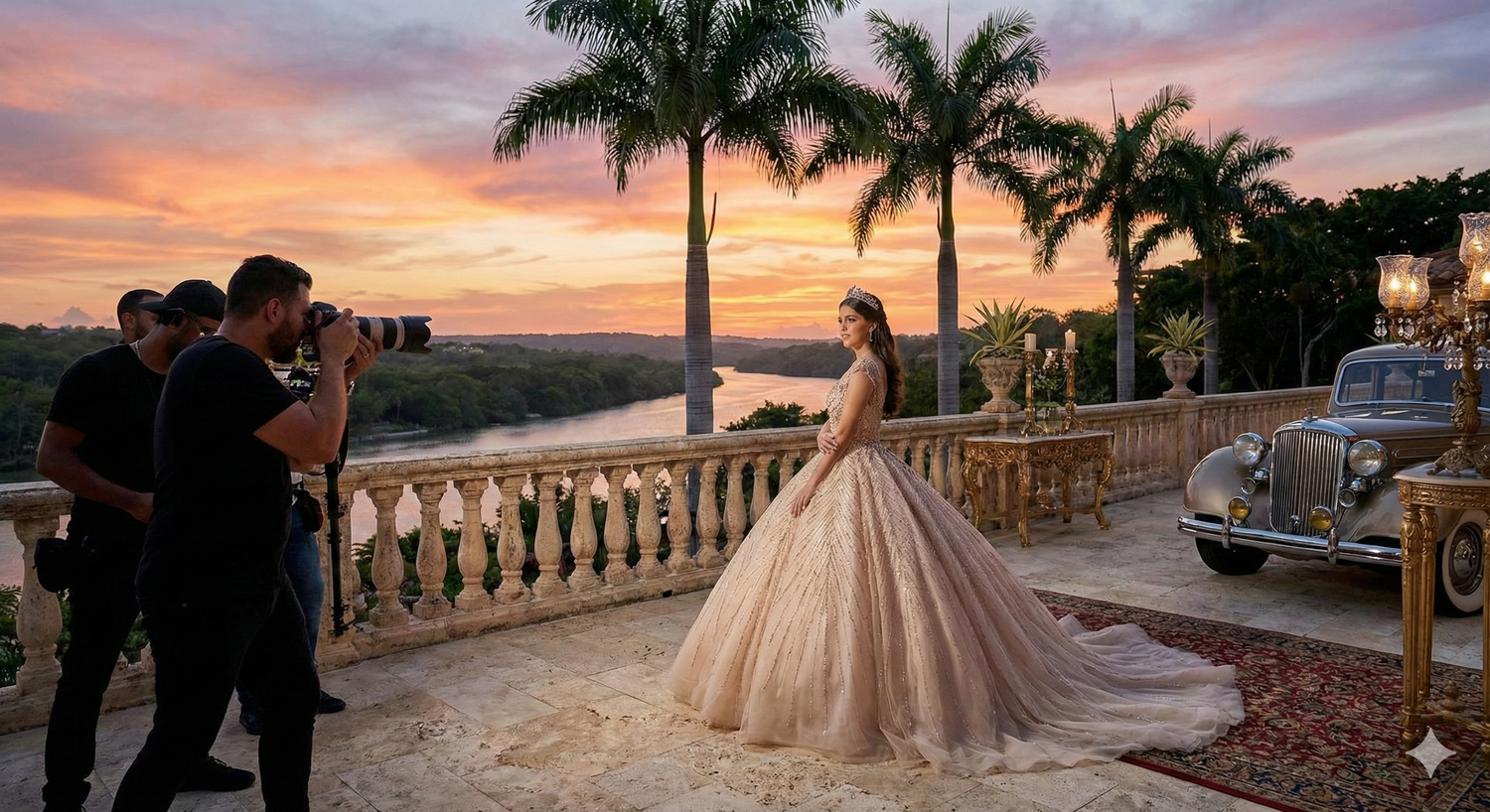 Una ceremonia de boda romántica al atardecer con vista desde un balcón costero, con palmeras y vistas al océano.