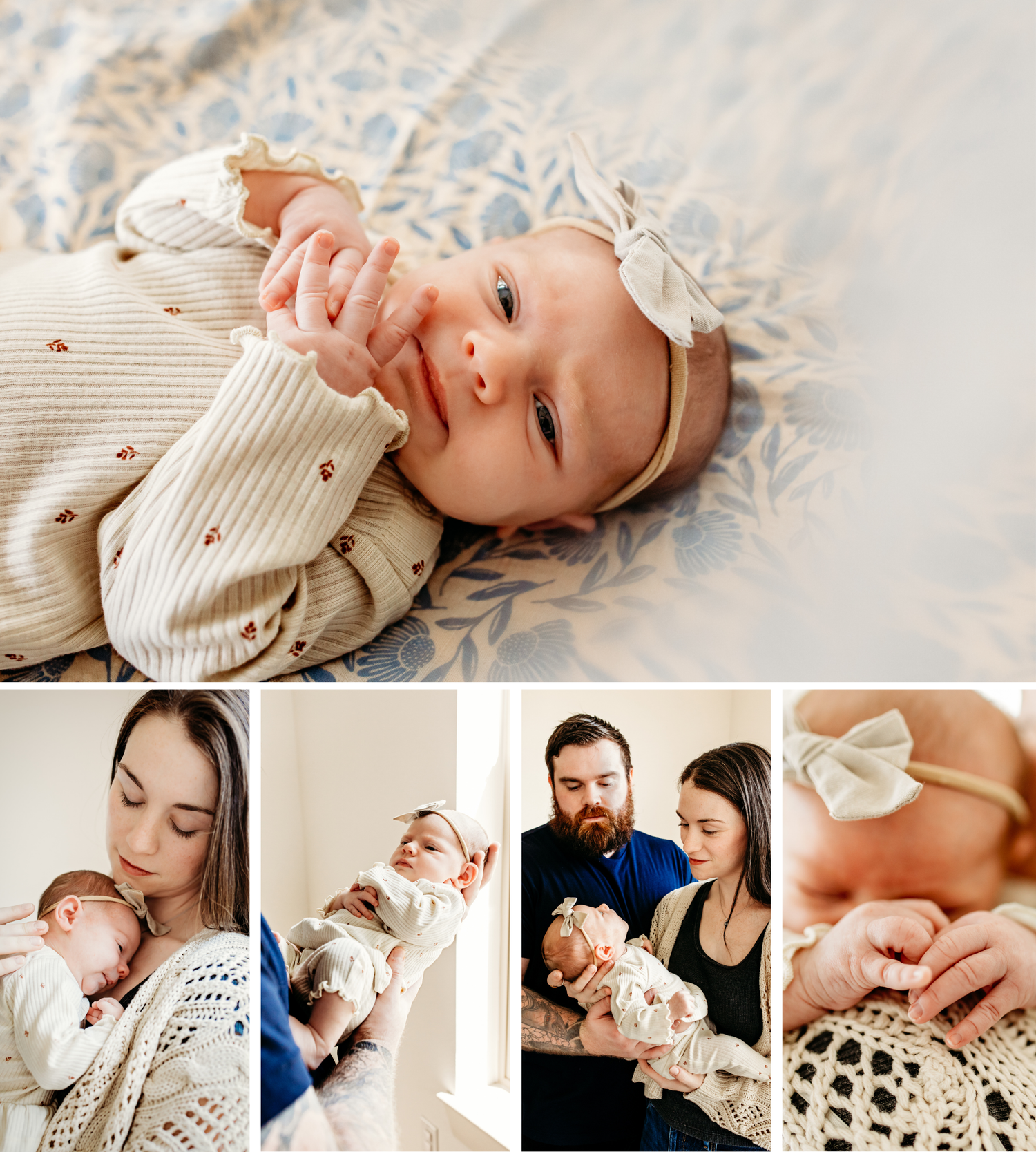 Close-up lifestyle photos show tender moments and interactions with a baby in soft natural light.