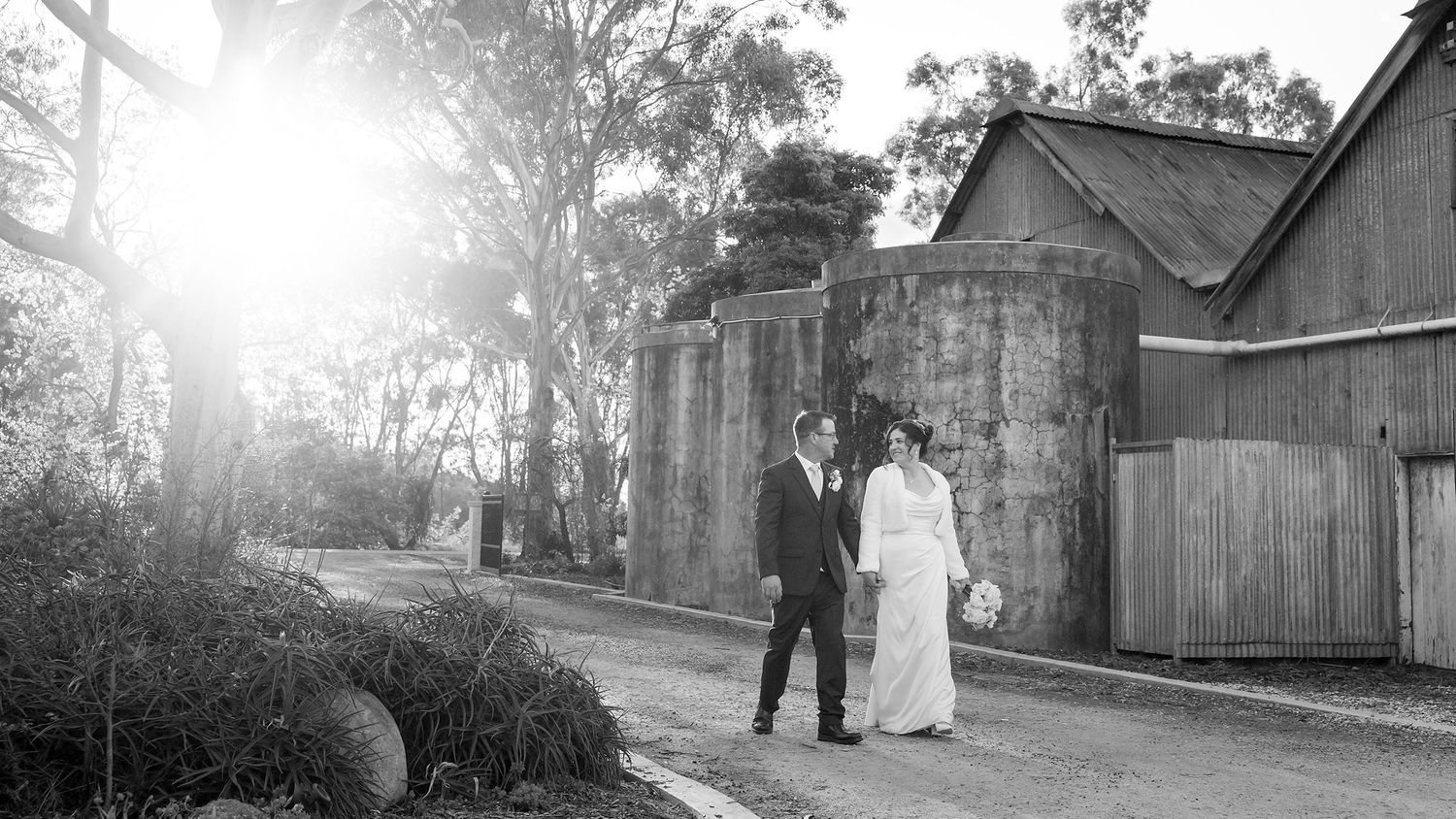 A black and White image of a Bride and Groom walking hand in hand at Buller Wines in Rutherglen .