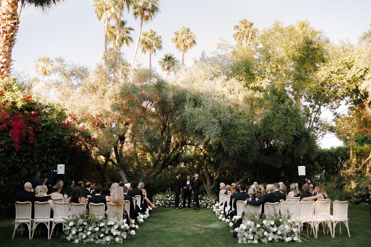 White folding chairs line a grassy outdoor path beneath towering palm trees for an elegant garden ceremony setup.