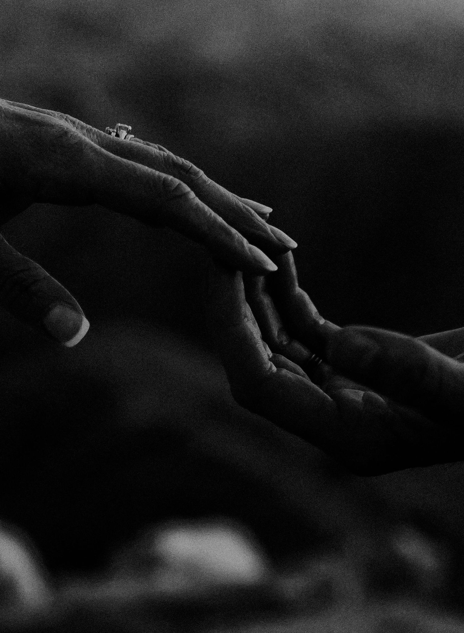 Artistic black and white close-up macro photography of touching hands against a dark background.