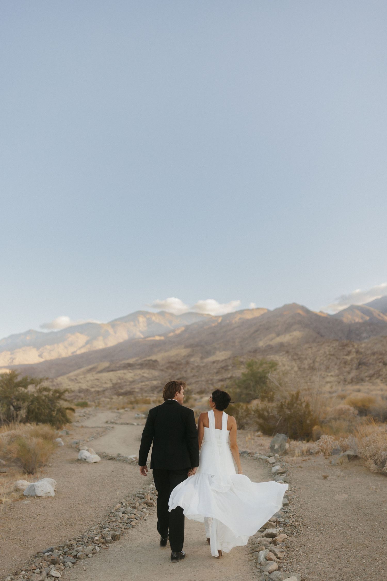 Bride and groom walking hand in hand on a desert path with mountain scenery.