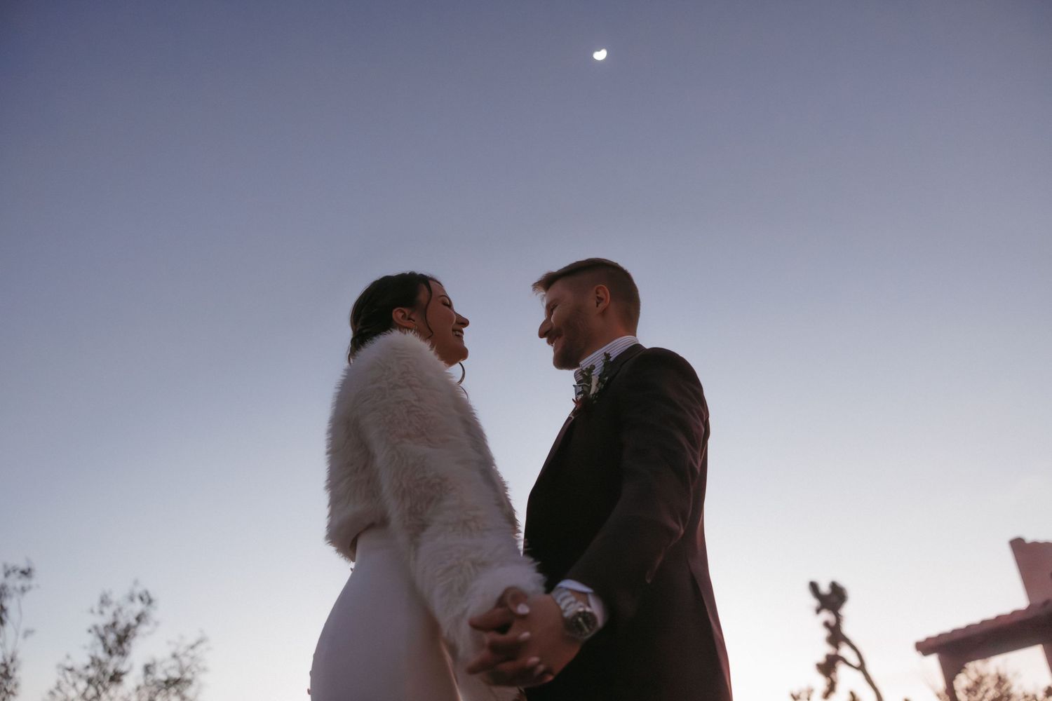 Bride and groom holding hands at dusk under a crescent moon in a romantic outdoor setting.