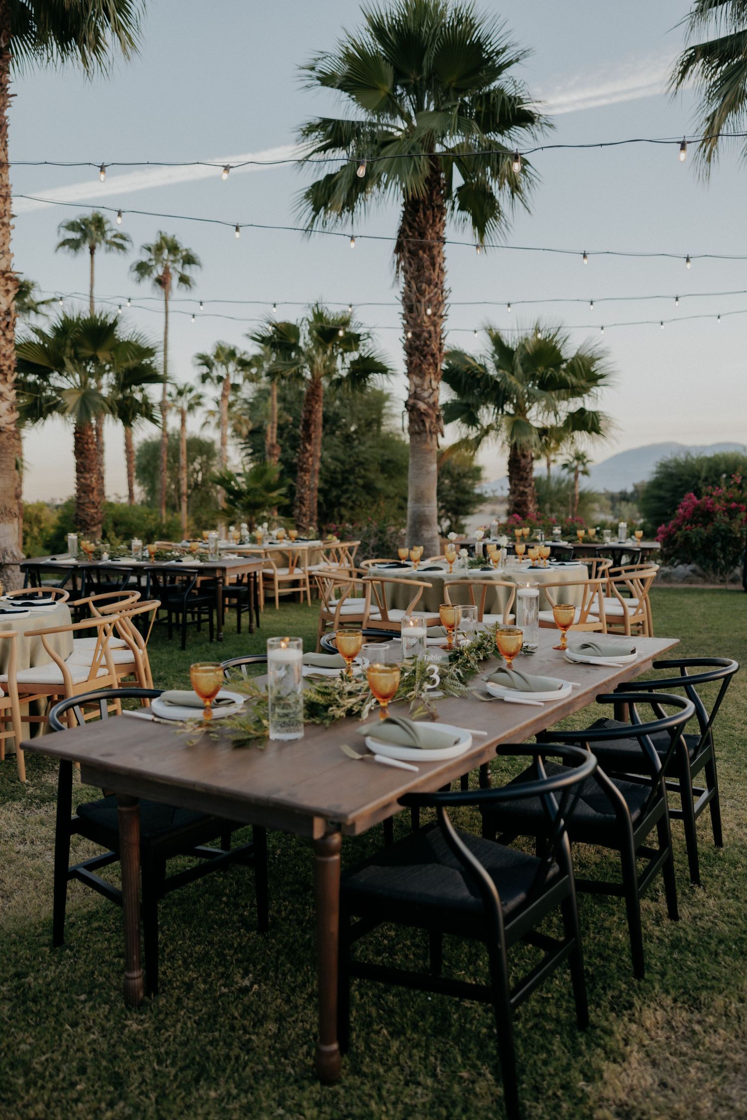 Elegant outdoor wedding reception setup with wooden tables and string lights under palm trees at sunset.
