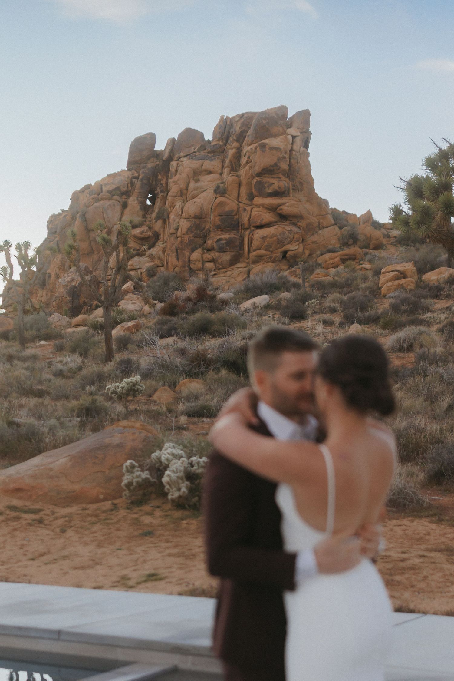 Couple embracing in soft focus with dramatic desert rock formations and Joshua trees in background at dusk.