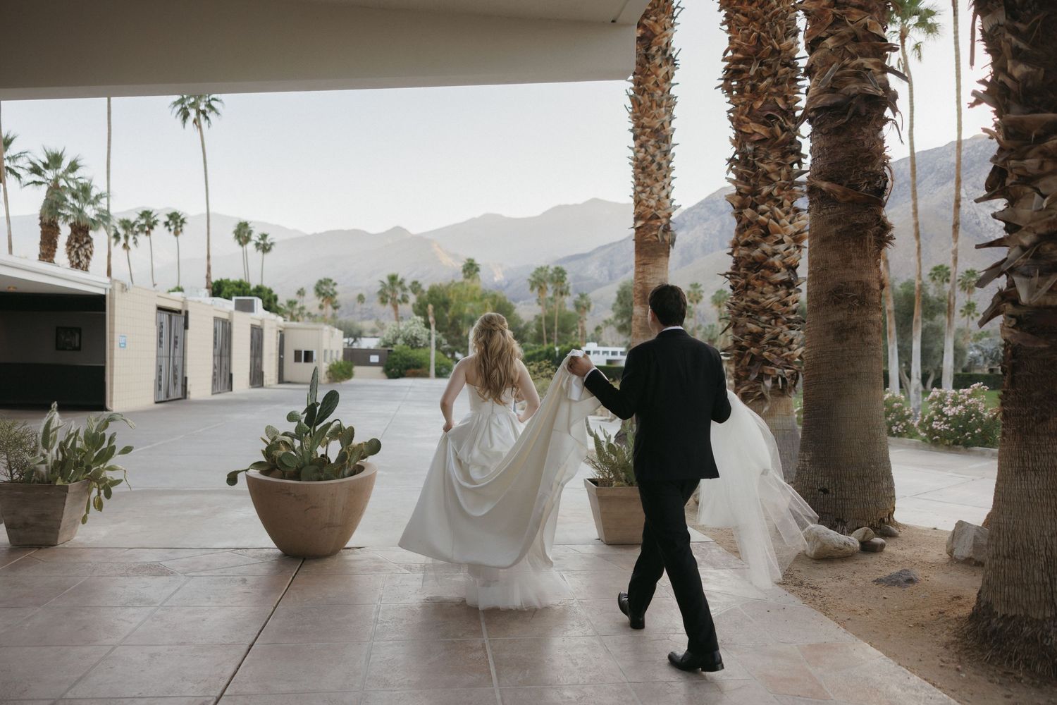 Bride and groom walk under palm trees toward mountain views at Palm Springs venue.