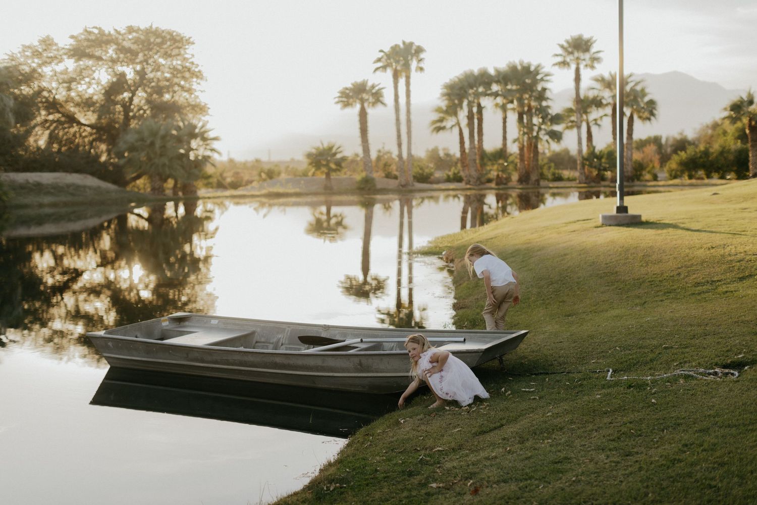 Palm trees line a scenic golf course alongside a serene lake during a peaceful sunset.
