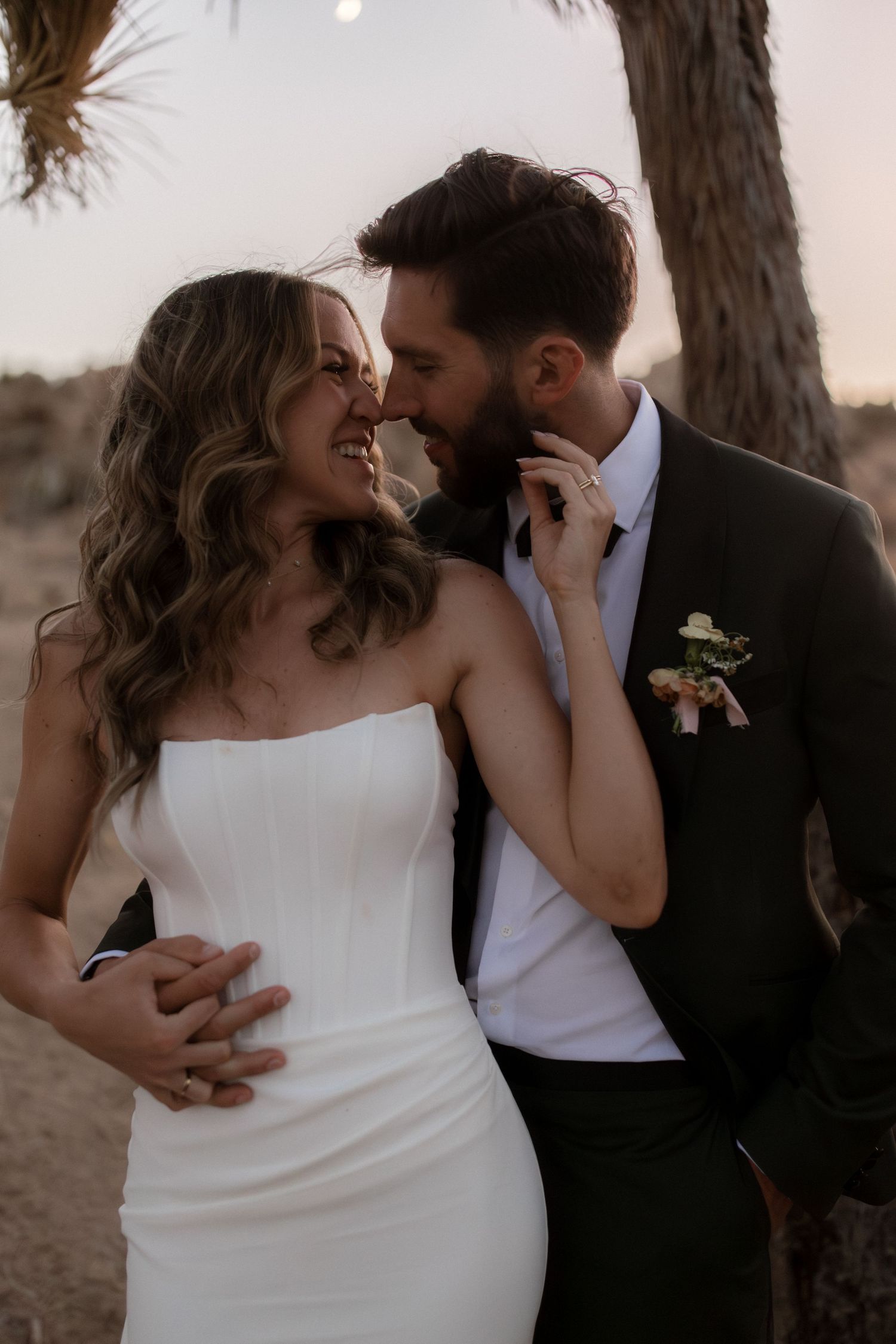 A romantic sequence of wedding photos showing tender moments between a couple in formal attire against a sunset backdrop.