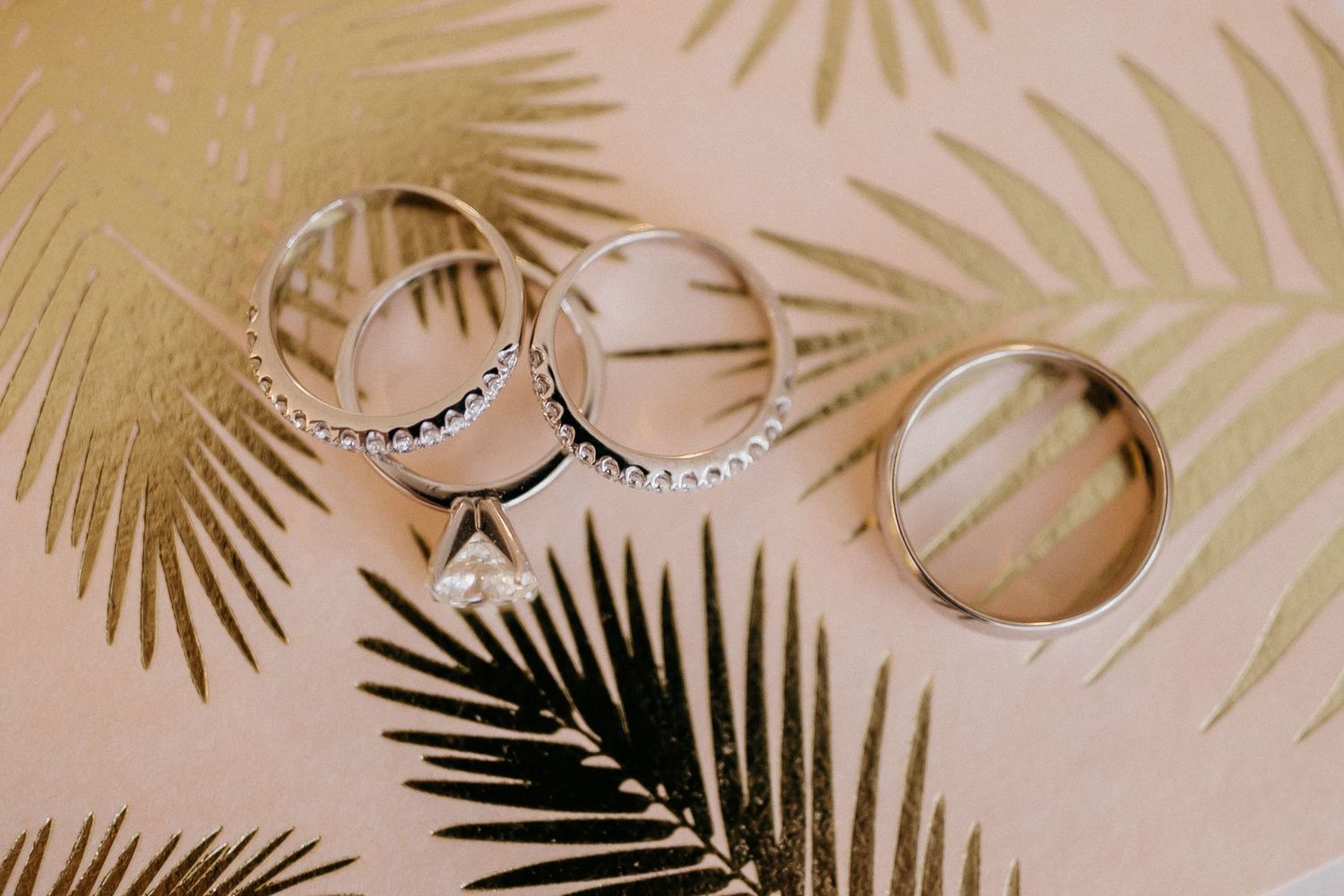 Palm fronds and gold metal decor elements cast shadows on a light beige background in an elegant composition.