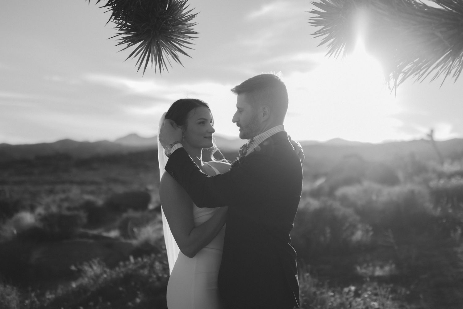 Black and white photo of bride and groom embracing at sunset in desert landscape.