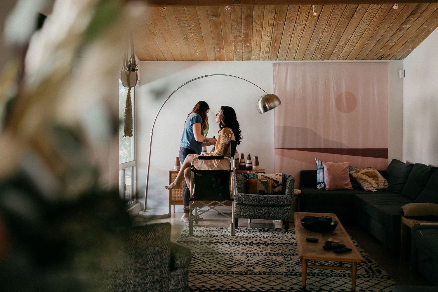 A series of film strip style photos showing intimate wedding moments in various indoor settings.