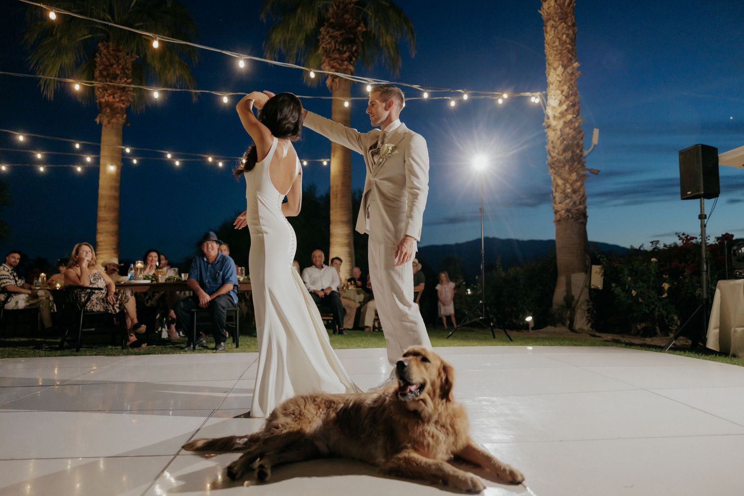 String lights illuminate an outdoor evening wedding reception under palm trees with a full moon in the night sky.