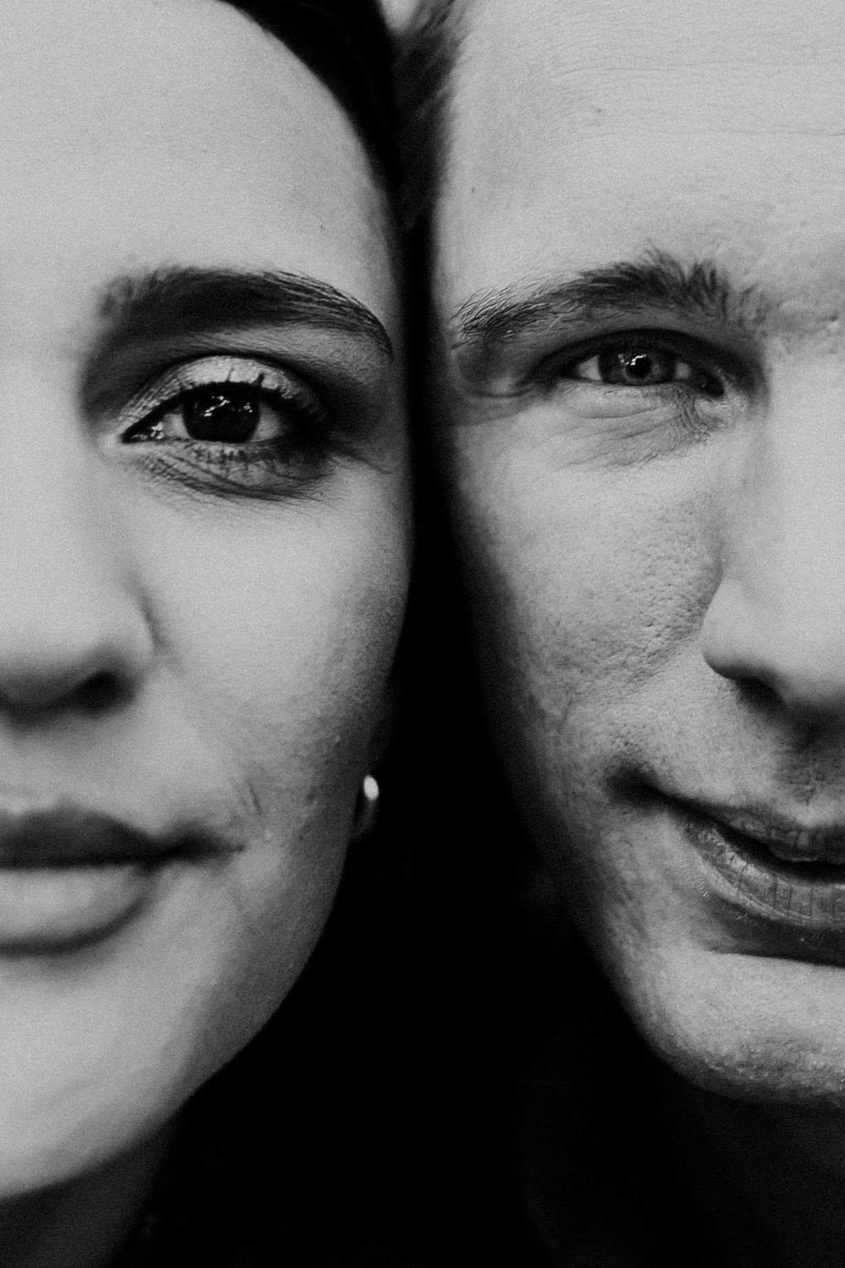 A black and white portrait collage showing close-up cropped facial features in a repeating pattern.