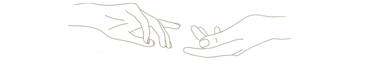 Minimalist line drawing of two hands reaching toward each other in a delicate, elegant gesture on a white background.